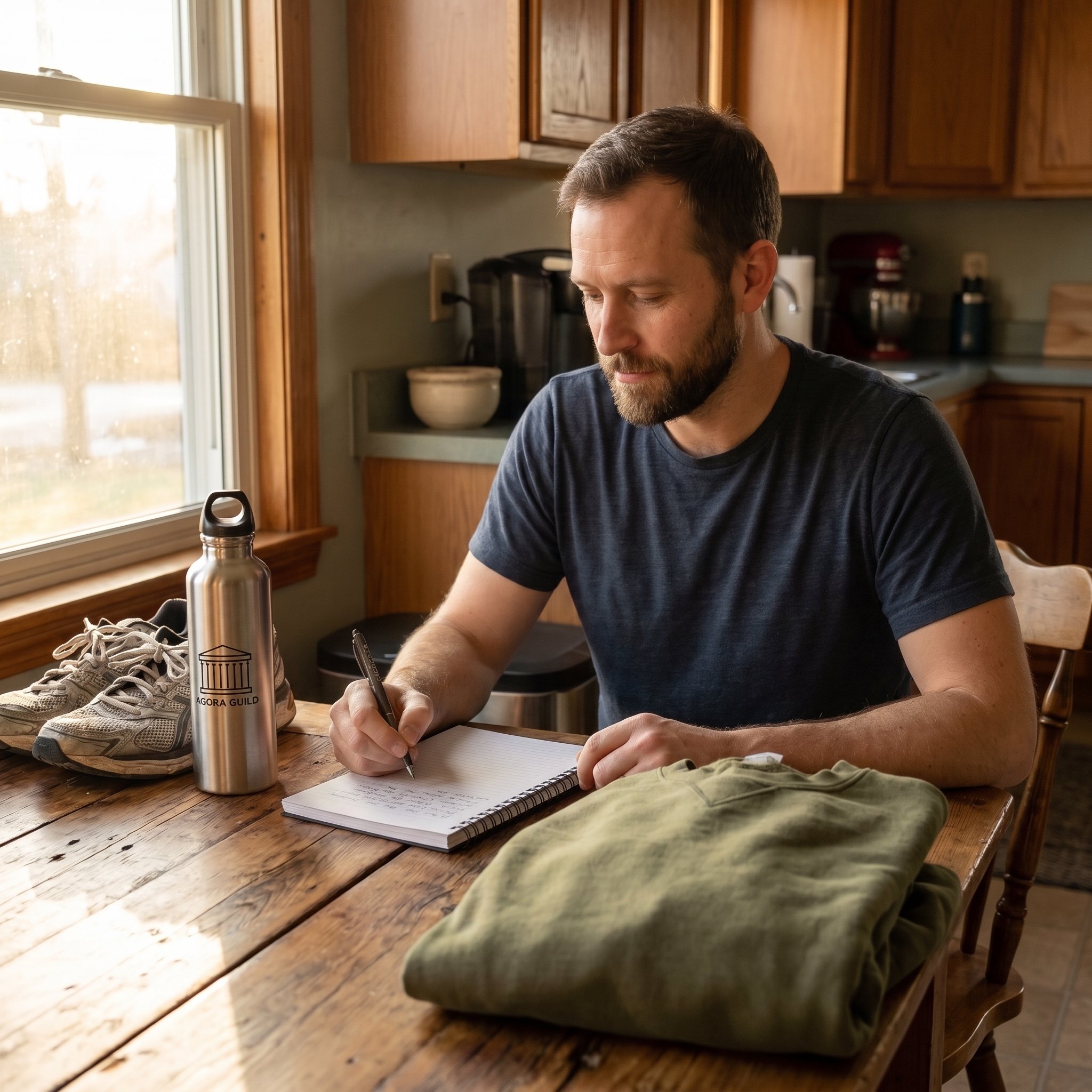 Everyday man journaling at his kitchen table to understand stress and process hidden emotions safely.