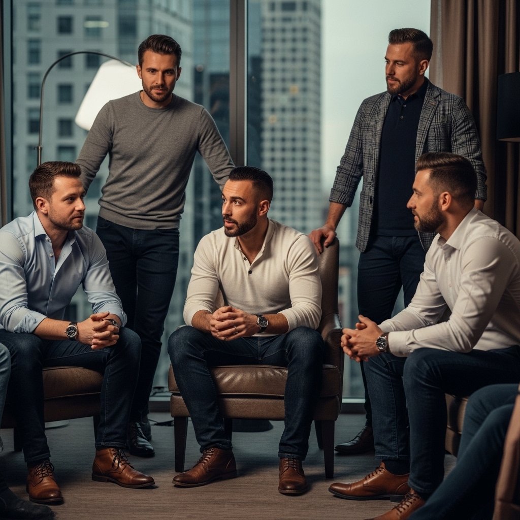 Group of professional men sitting together in a modern lounge discussing personal growth and strategic accountability in a men's leadership community.