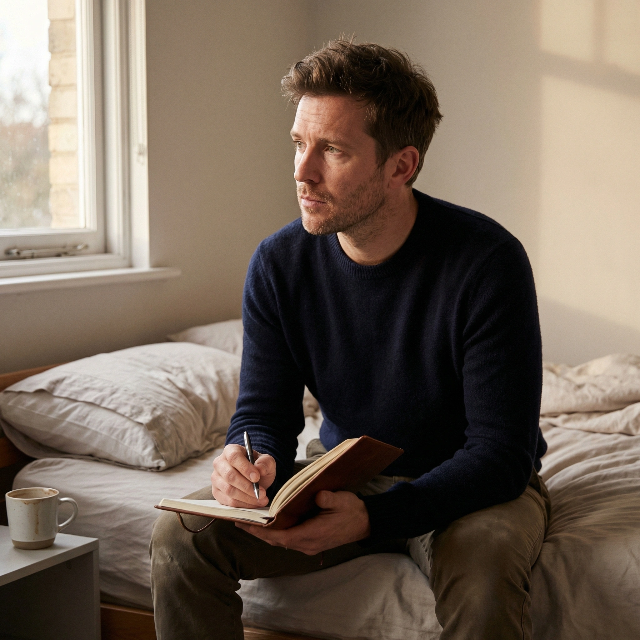 Man journaling alone at dawn before joining a men's growth community