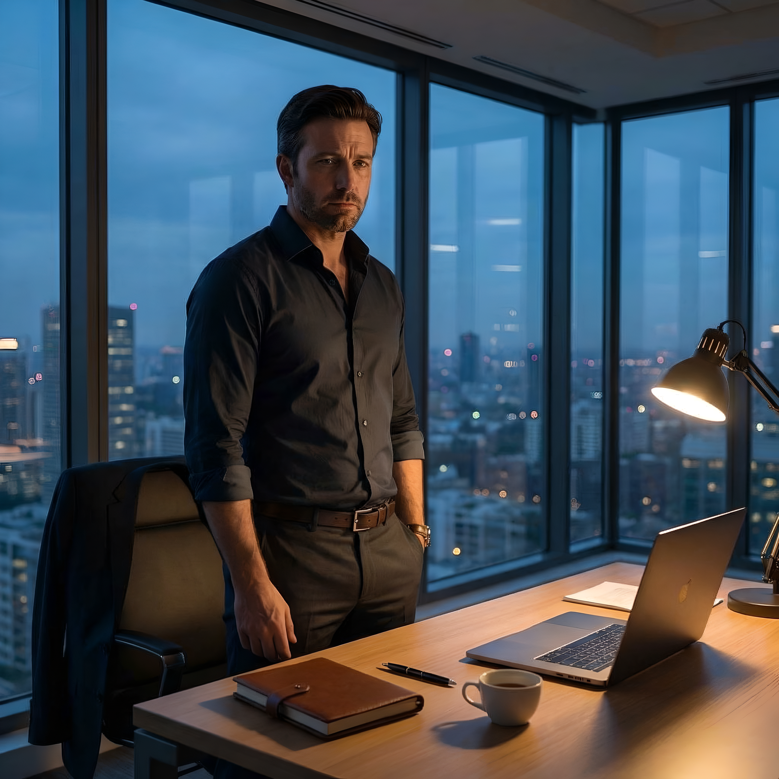 Successful man sitting alone at night with laptop and phone reflecting male loneliness in a disconnected digital world