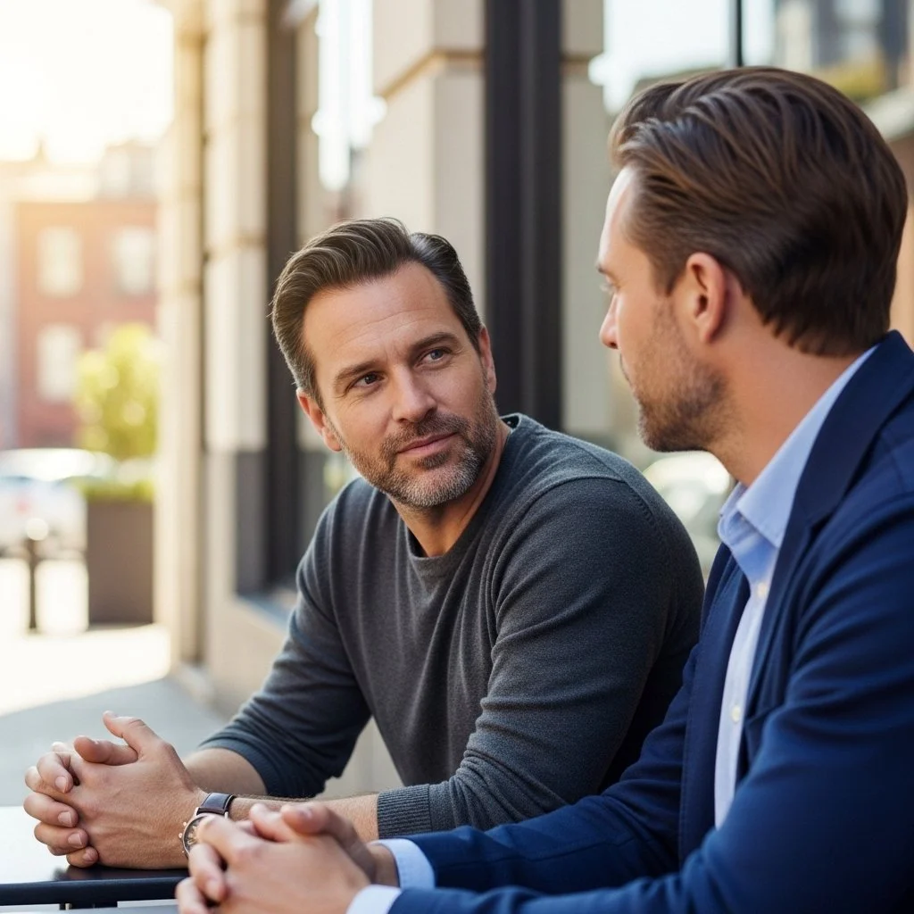 Two men sitting at a coffee shop, having a deep and supportive conversation, sharing challenges and advice, with genuine expressions, symbolizing connection and mentorship in a men's accountability group.