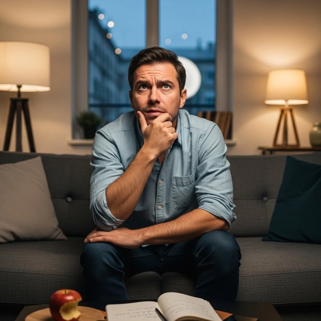 Man sitting alone in his room, thoughtfully reflecting on men's brotherhood communities and deciding to join Agora Guild, symbolizing personal growth and accountability.