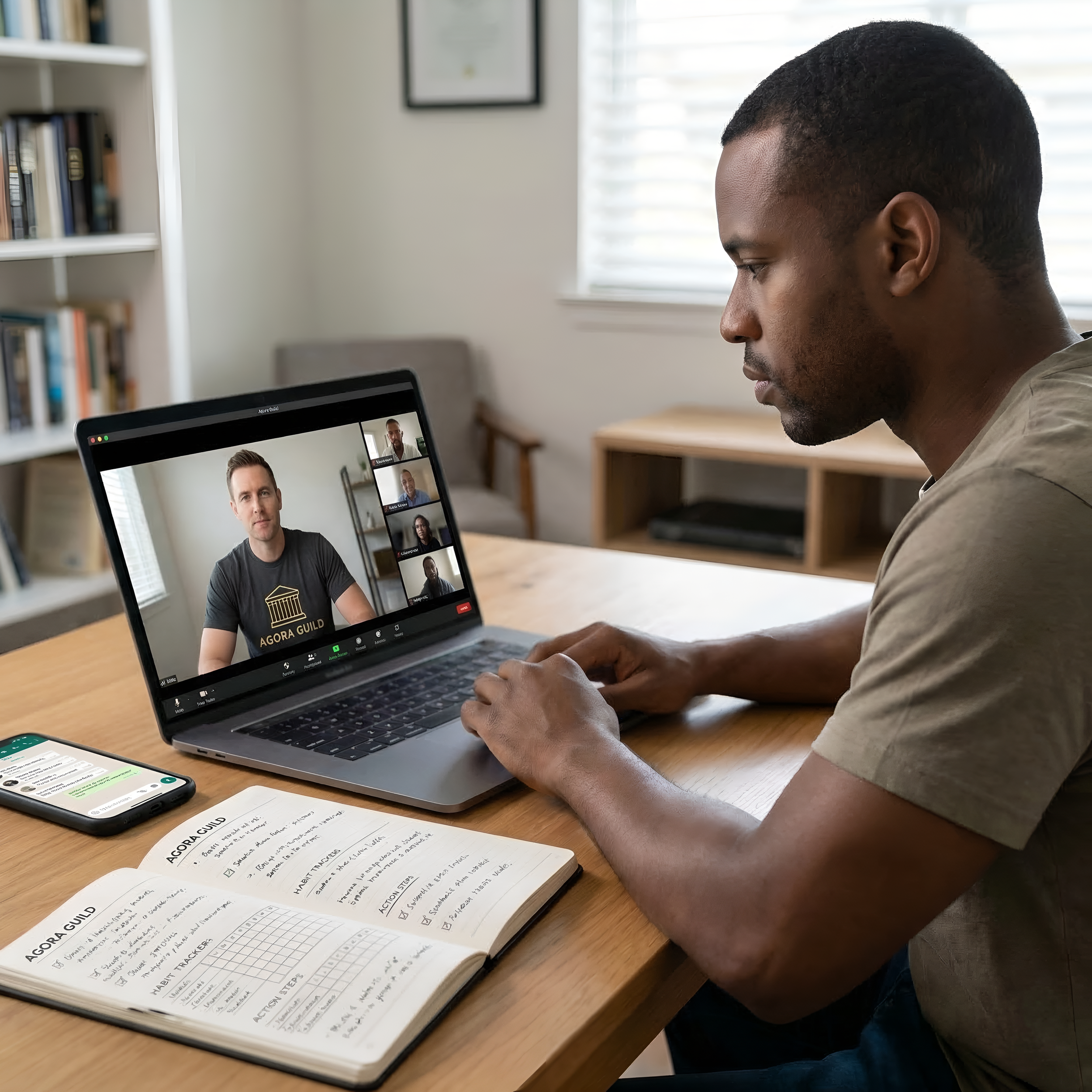 Man attending a Agora Guild's weekly accountability call with notes and coaching tools for personal growth and breakthrough