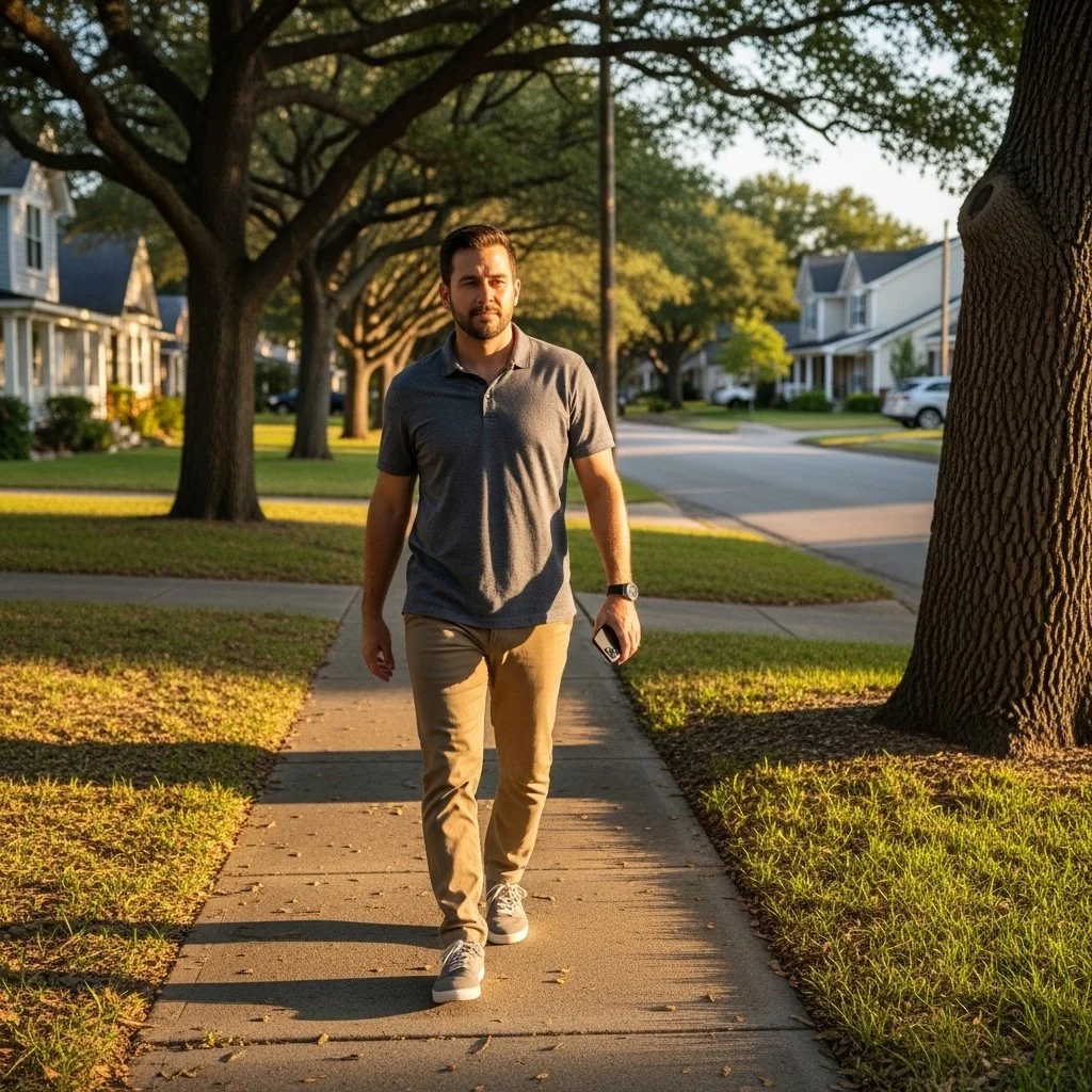 Middle-class family walking together through their neighborhood in a hopeful everyday moment
