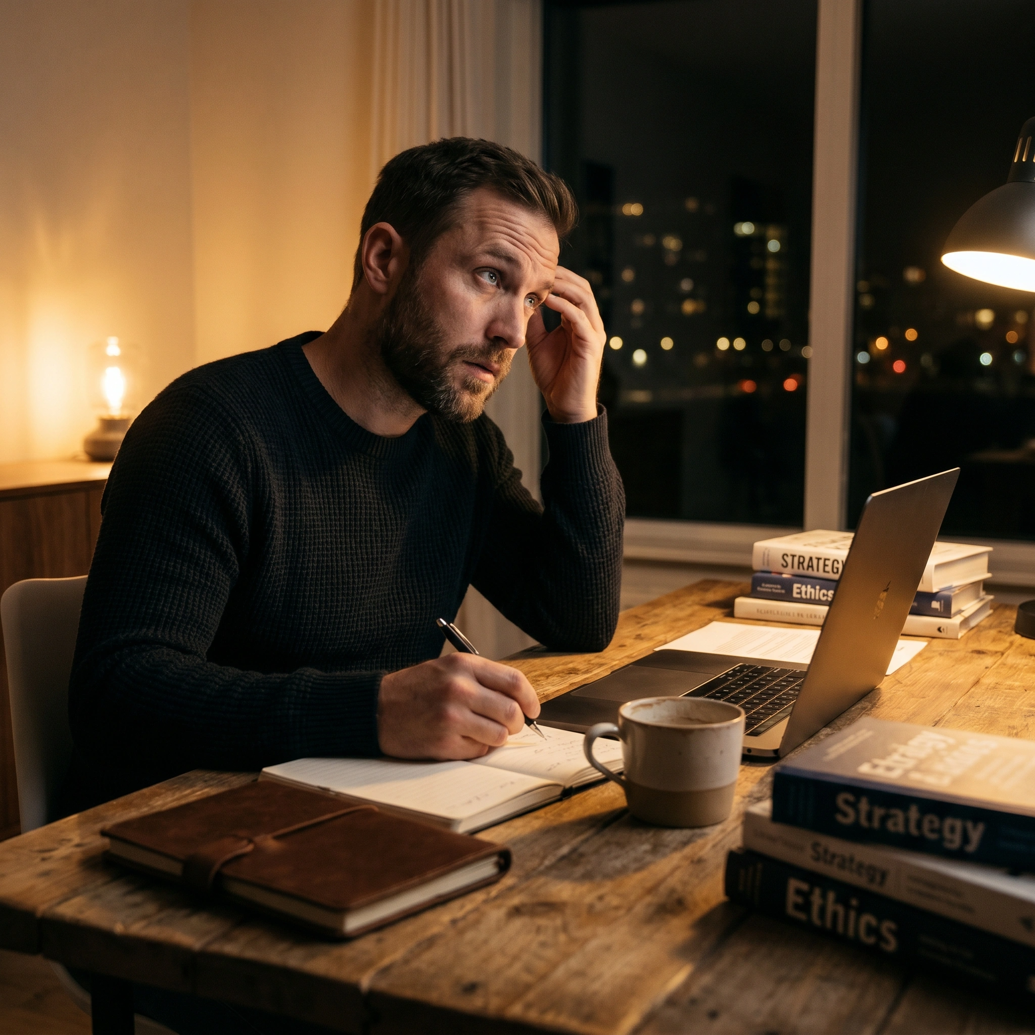 Thoughtful man sitting at a desk, reflecting on how to stop overthinking and start taking action.