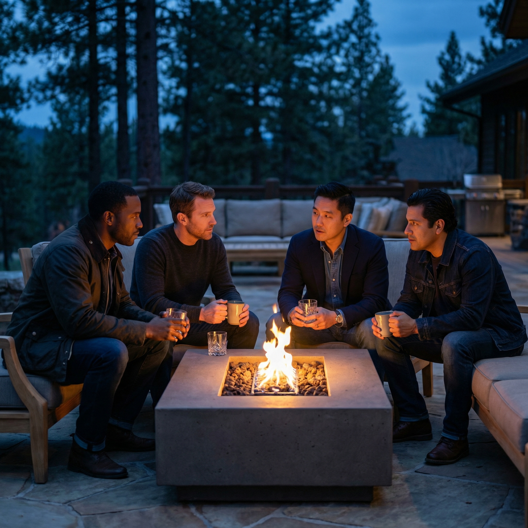 Men in a personal growth group having a focused brotherhood conversation.