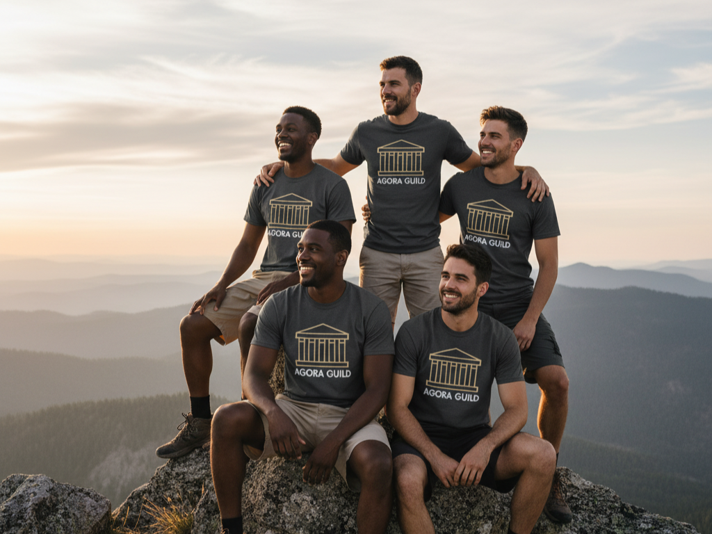 Group of men standing together on a mountain at sunset, representing real brotherhood, shared growth, and momentum in a men’s community like Agora Guild.