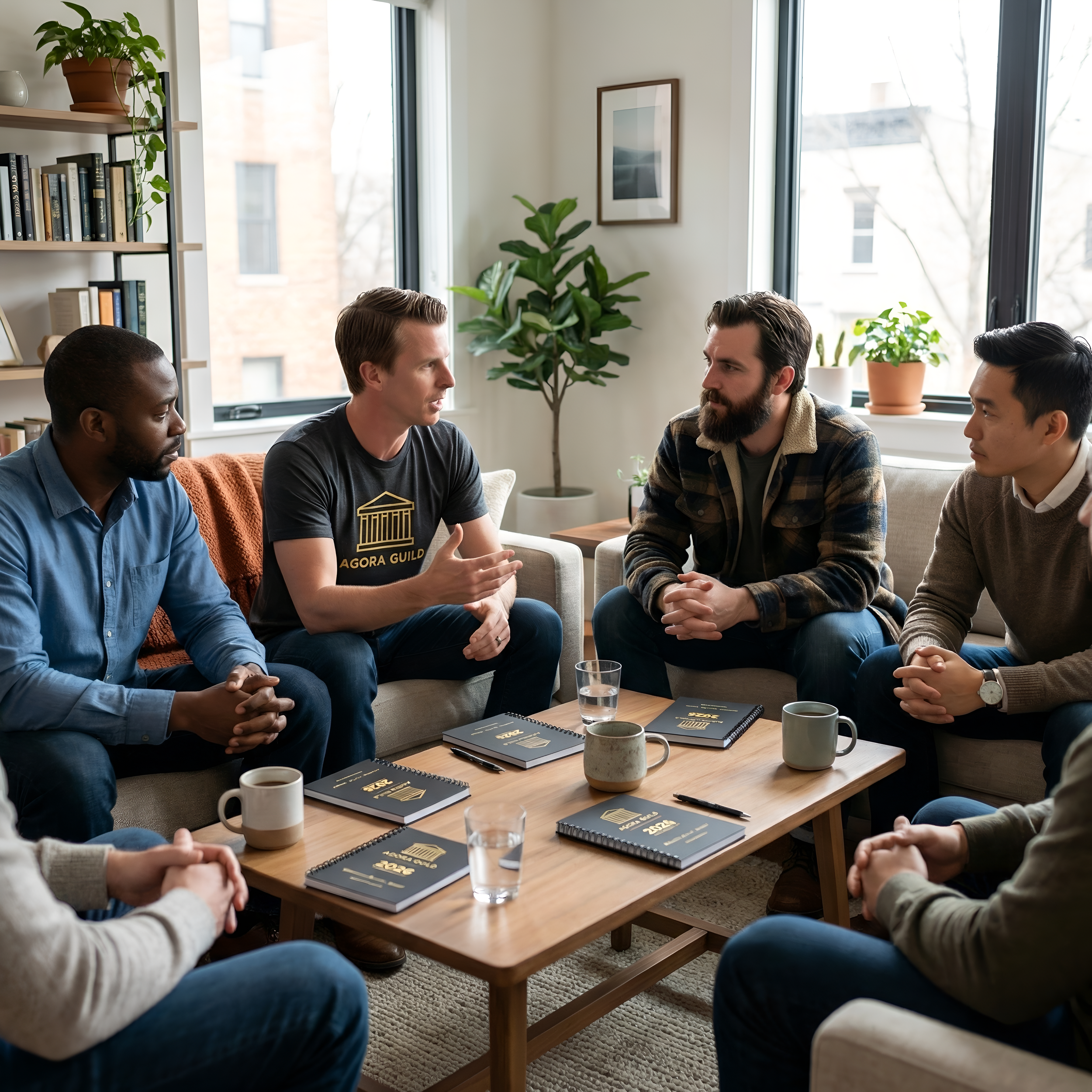 Men sharing honest feedback in a Agora Guild's personal growth group about self-improvement playbooks and accountability