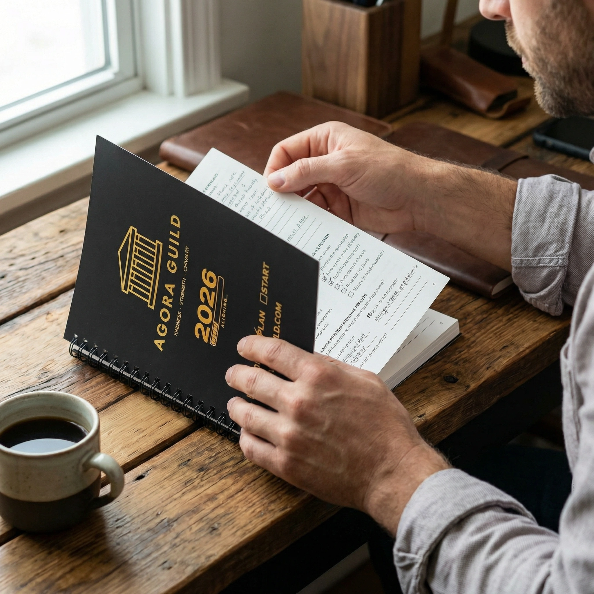 Man planning daily actions in Agora Guild's playbook