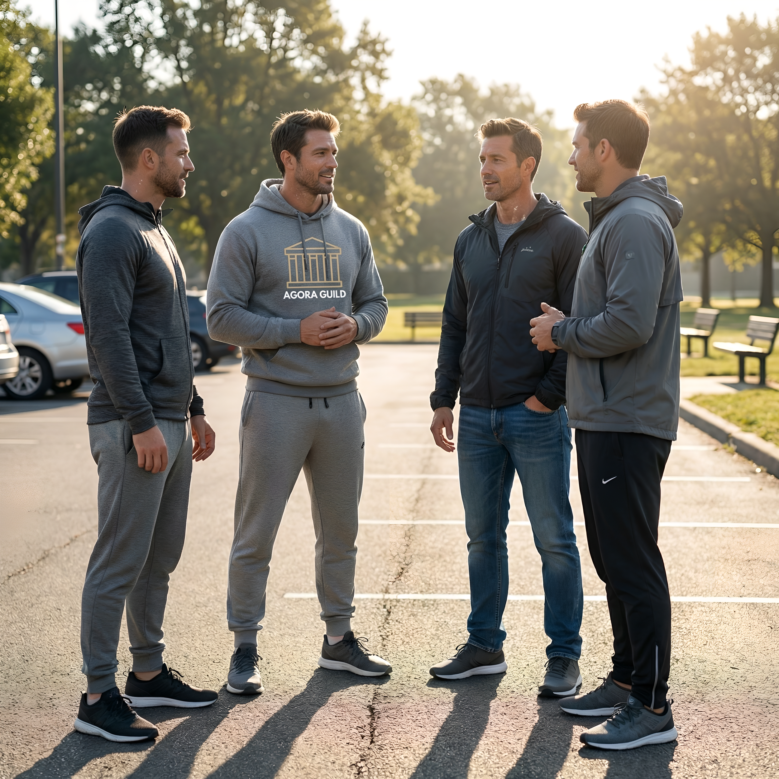 Four men standing outdoors after a workout, talking and building connection in an Agora Guild community meet-up