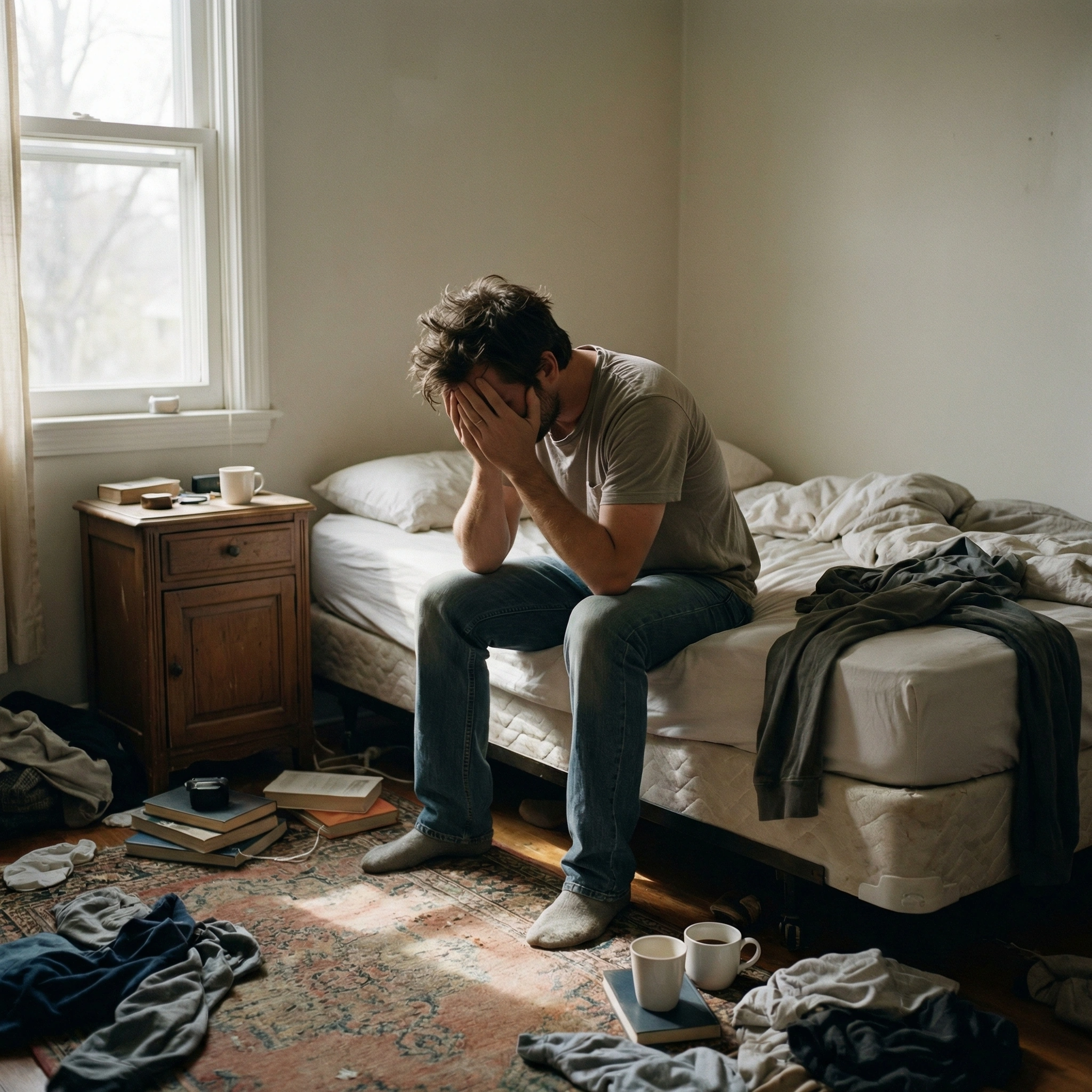 Man sitting alone frustrated on bed showing mental struggle with breaking bad habits and dopamine loops