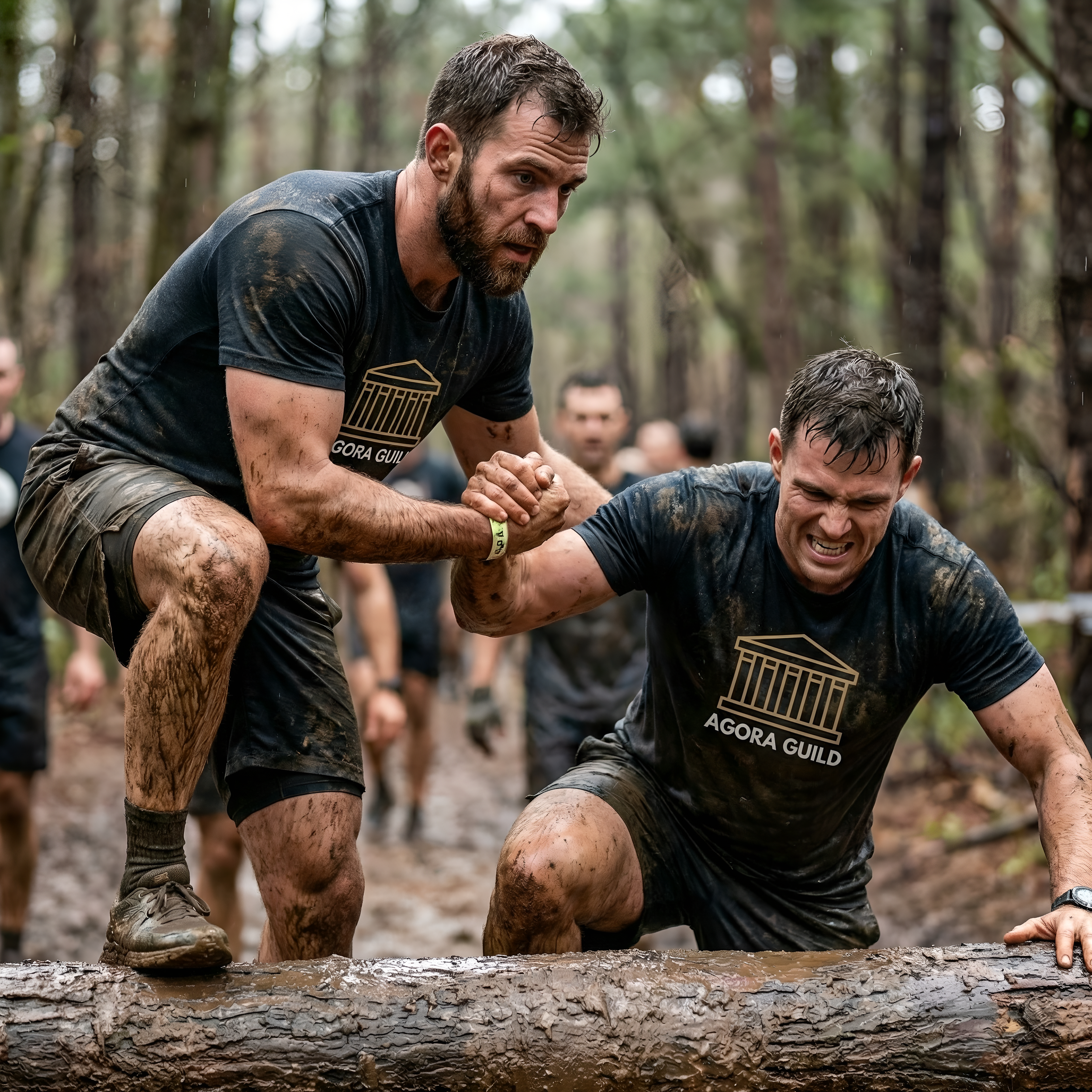 Men helping each other through a physical challenge at a retreat, building trust and brotherhood in Agora Guild's event