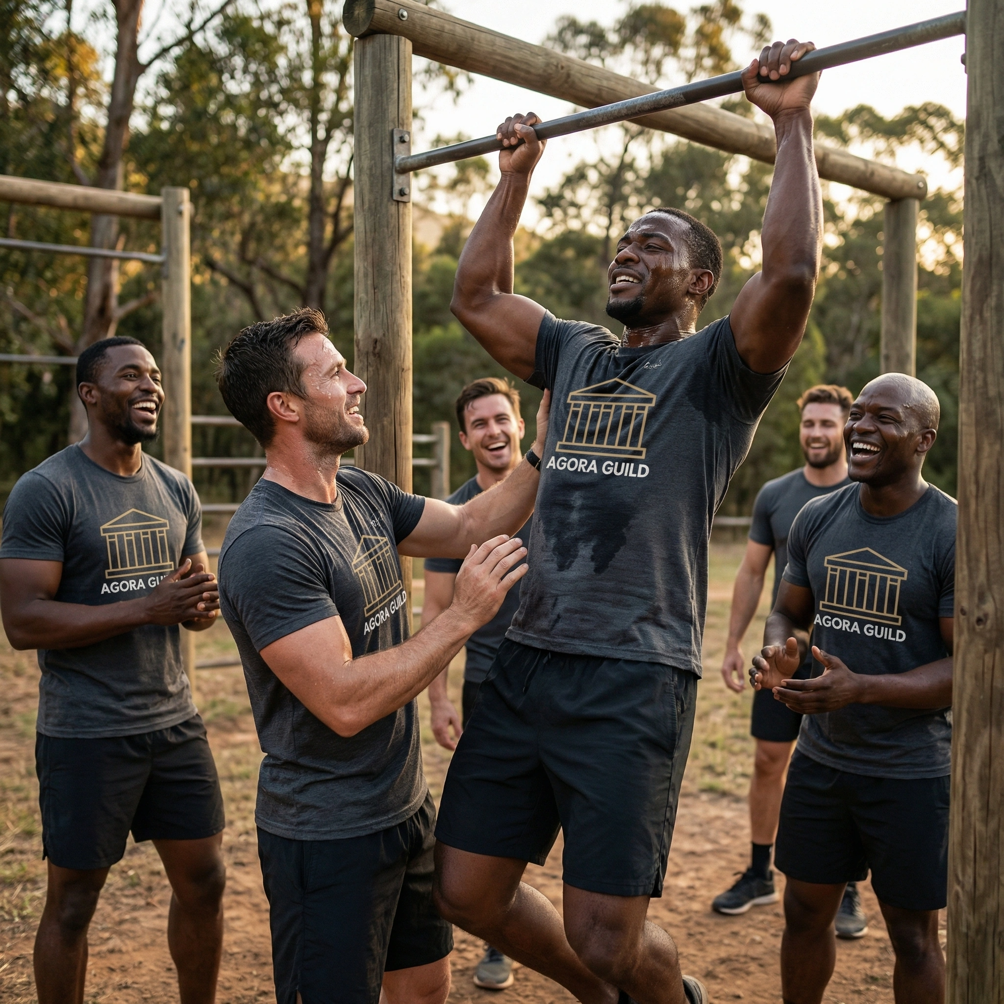 Small group of men having a supportive workout in a men's accountability group for personal growth