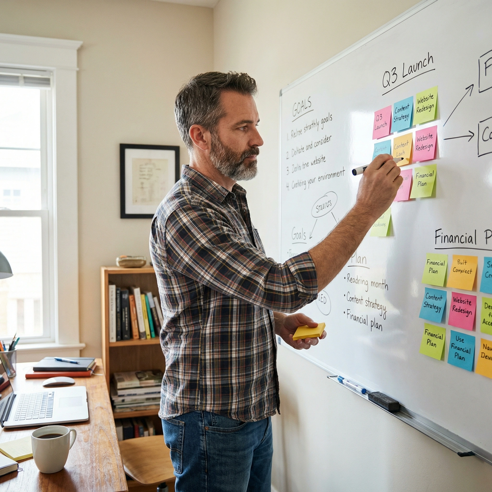 A man organizing goals on a whiteboard in a home office, showing structured goal-setting for high performers.
