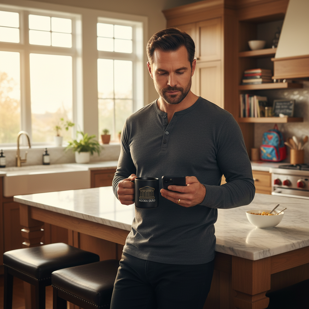 Professional man planning his day at home, reflecting how Agora Guild members balance accountability, career, and family responsibilities.