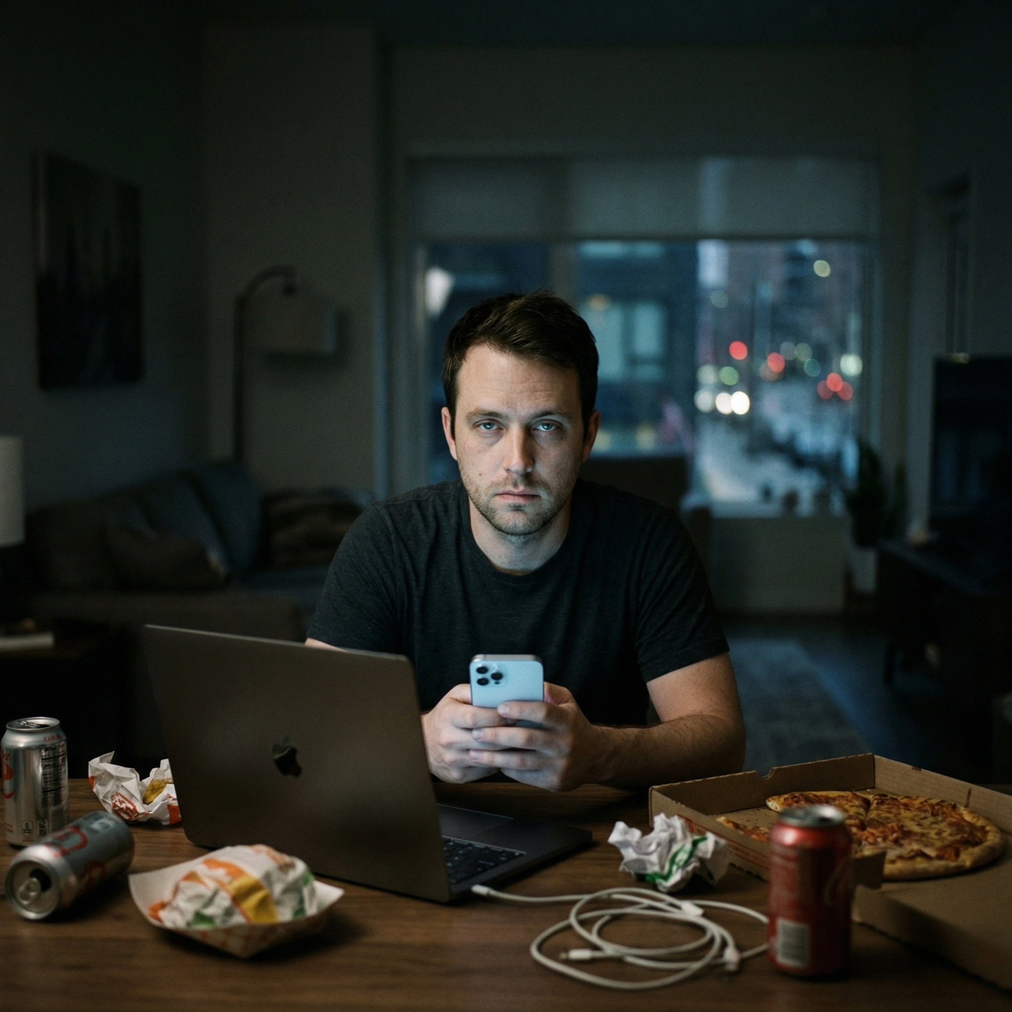 Man alone at night using smartphone showing dopamine addiction in men and modern overstimulation
