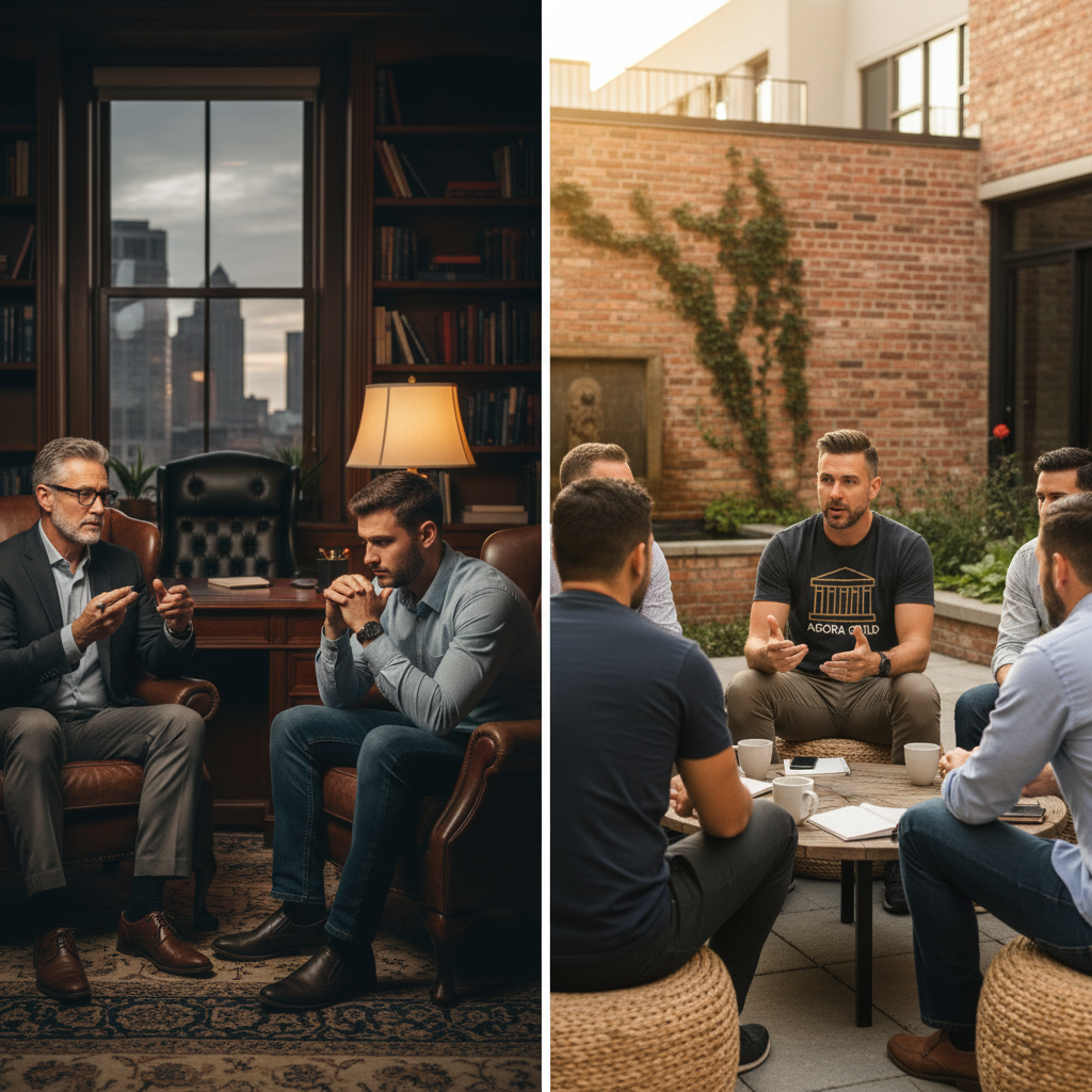 Comparison of Agora Guild vs WYSER men’s group for accountability, personal growth, and professional evolution