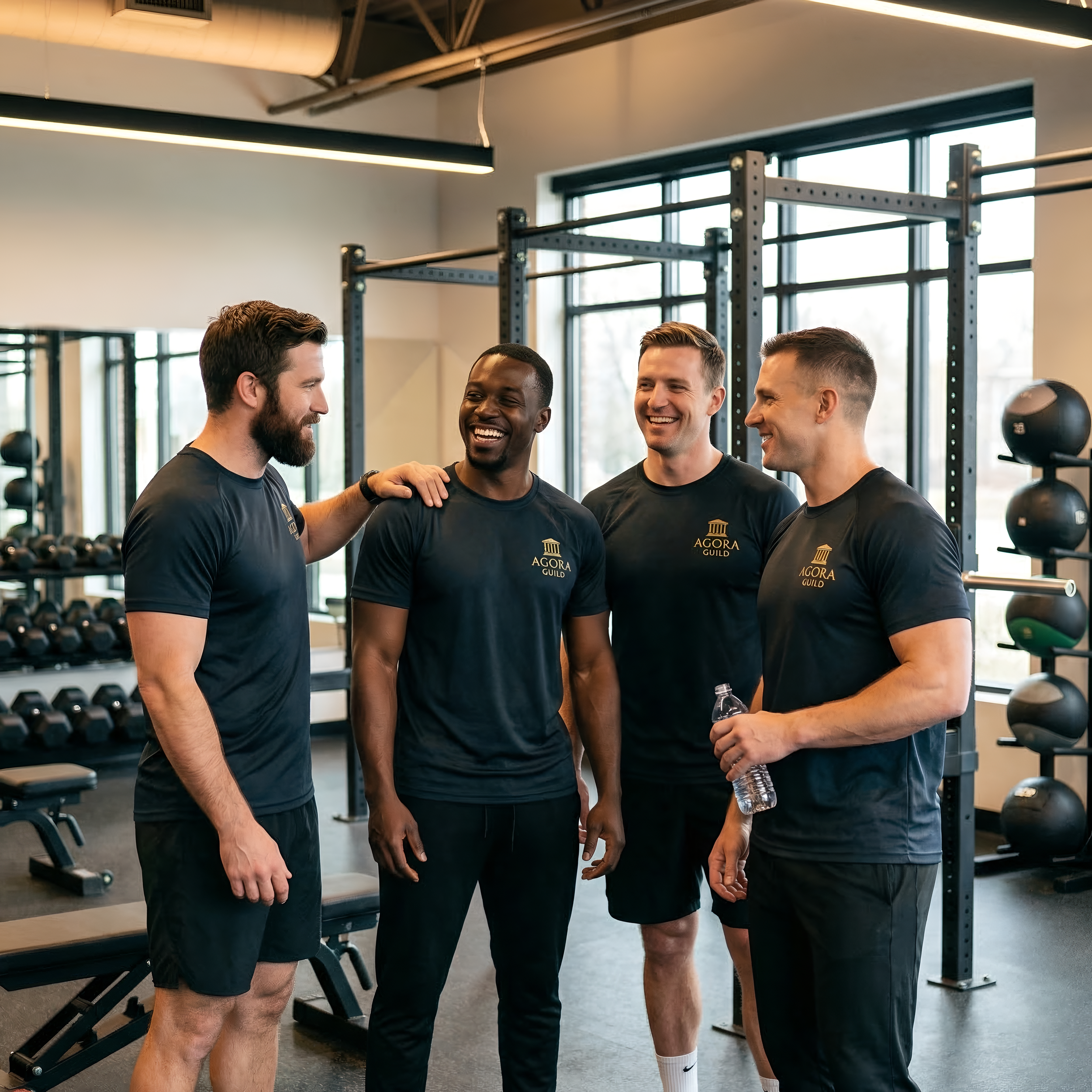 Agora Guild members connecting in the gym after a workout to build brotherhood accountability and personal growth