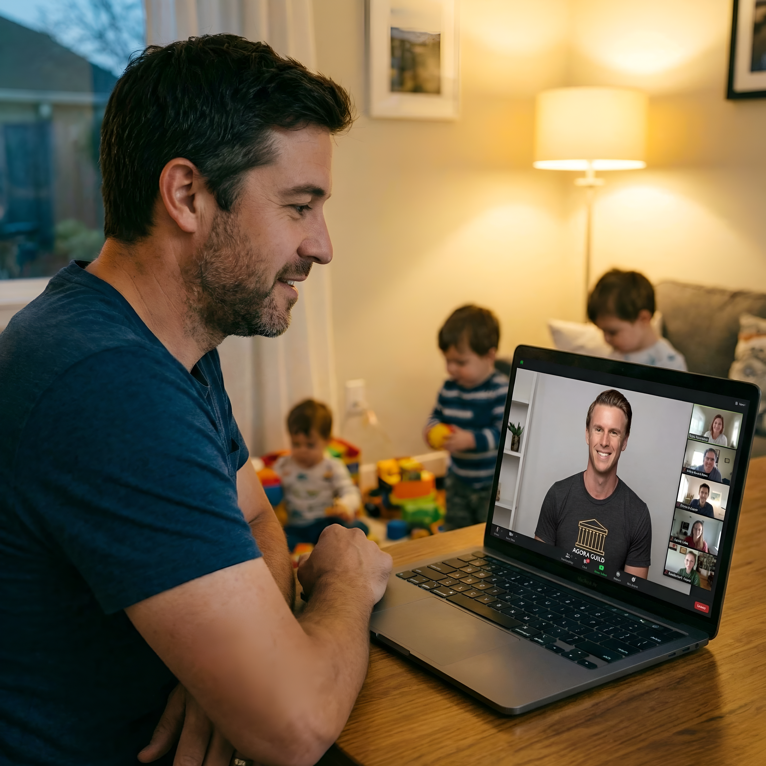 man joining Agora Guild's online Zoom  weekly call, men’s mastermind call while balancing family and work life