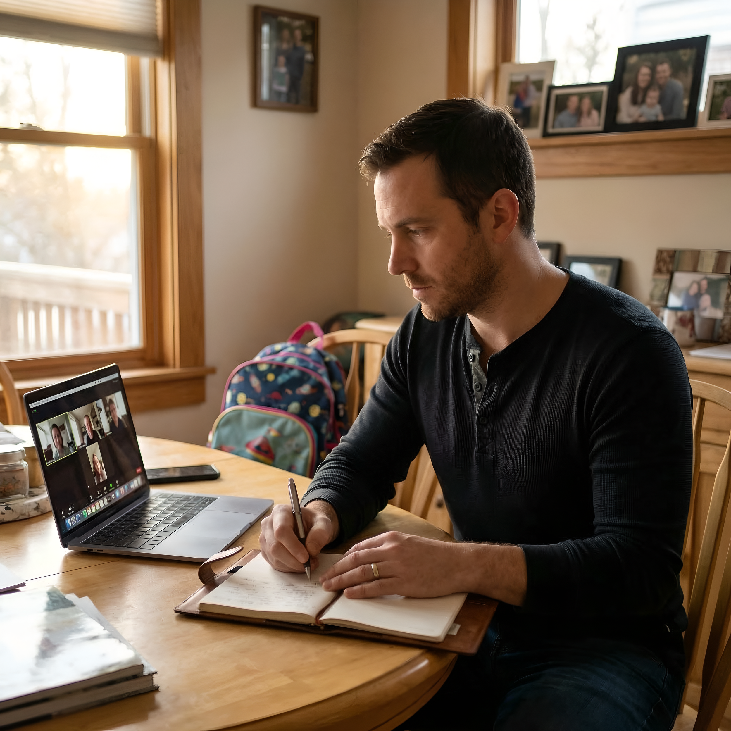 Man using a structured life playbook during an Agora Guild weekly call to create personal breakthroughs