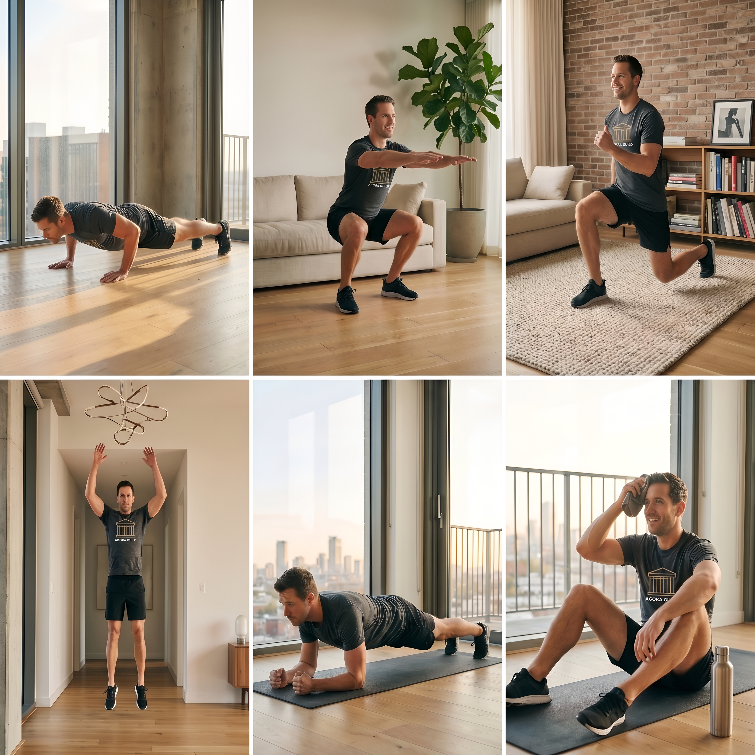 Home bodyweight exercises for men showing push-ups squats lunges jumps planks and recovery in a morning workout routine