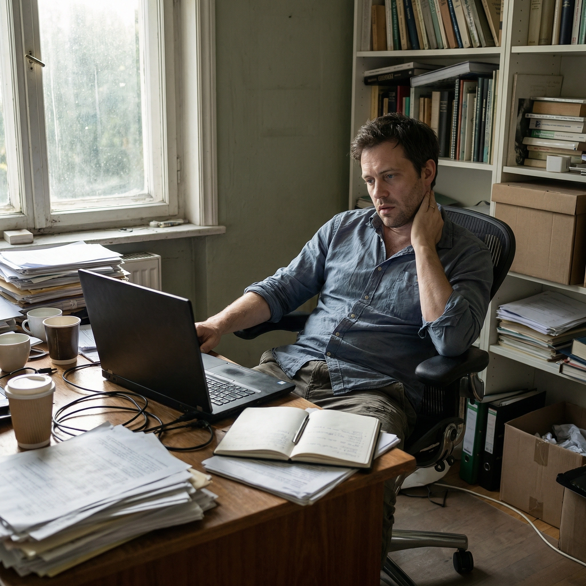 Unmotivated man staring at laptop at desk showing loss of focus from cheap dopamine habits