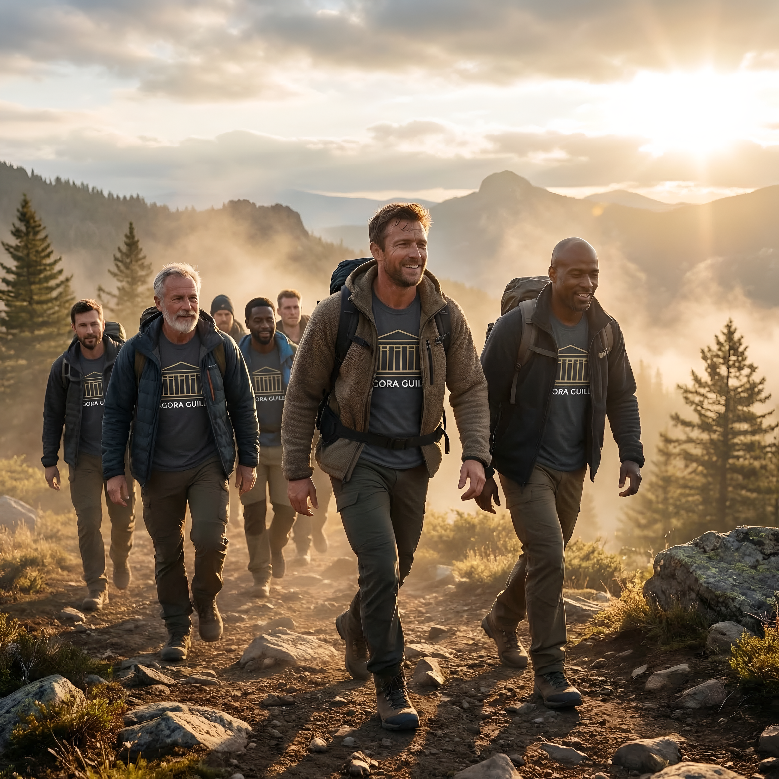 Agora Guild members strengthening trust and connection during an in-person men's growth event