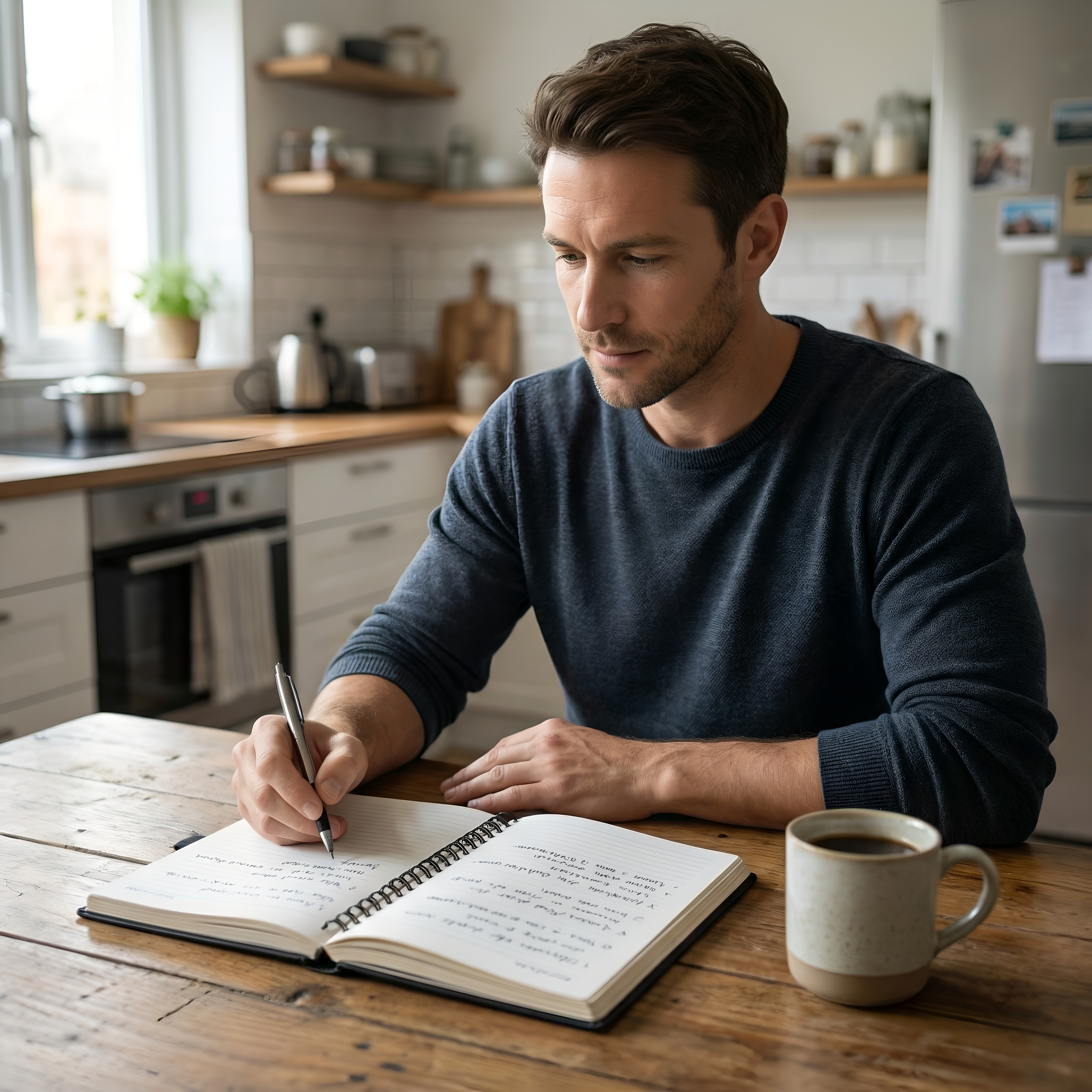 Man reviewing notes after a men’s mastermind session while deciding on the right mentorship program