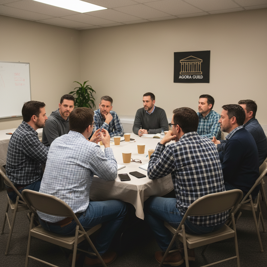 Small group of everyday men sitting together in a Agora Guild supportive men's group discussion