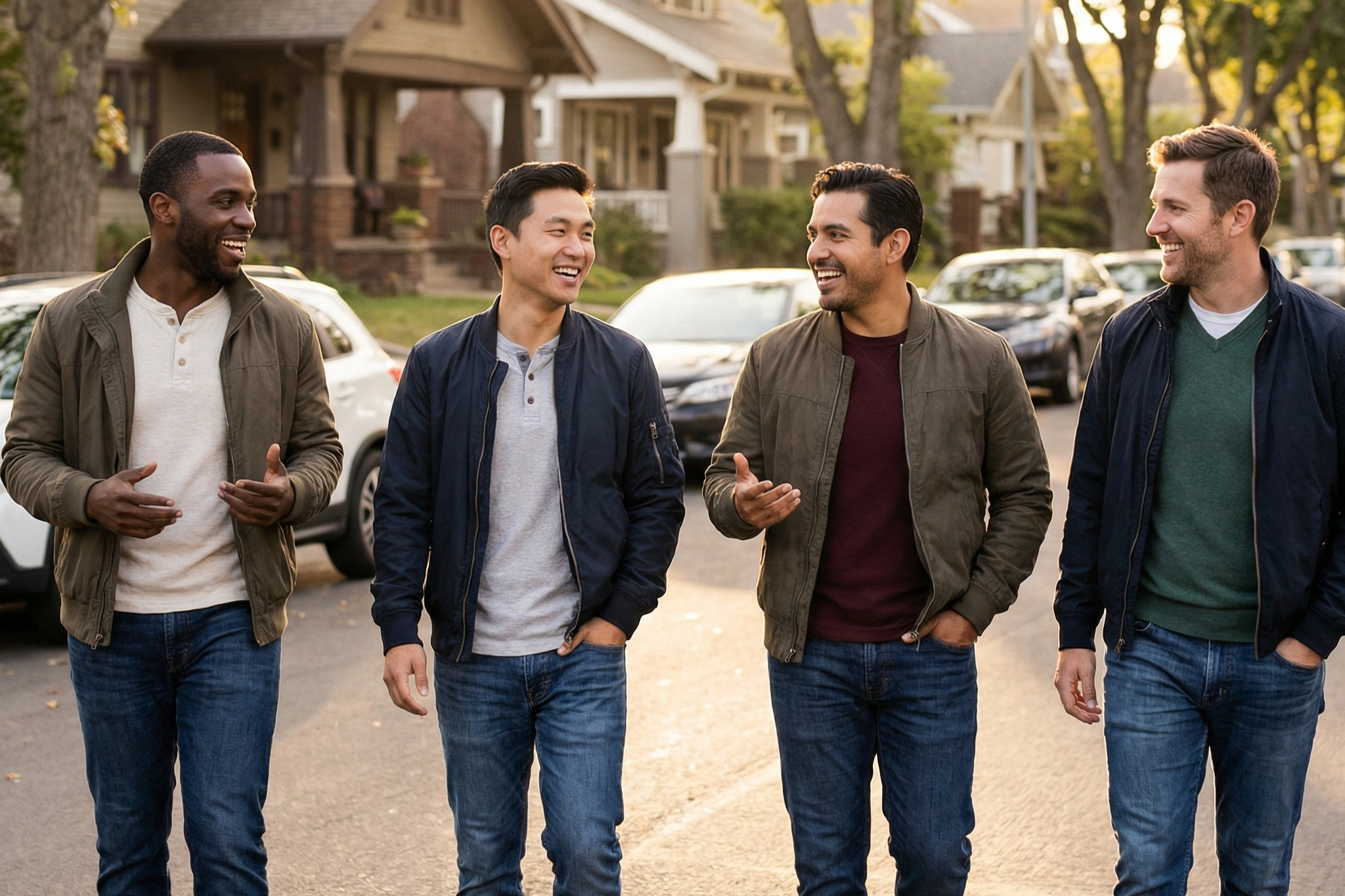 Group of men walking together after a Agora Guild's community meetup, showing brotherhood, purpose, and support in everyday life.