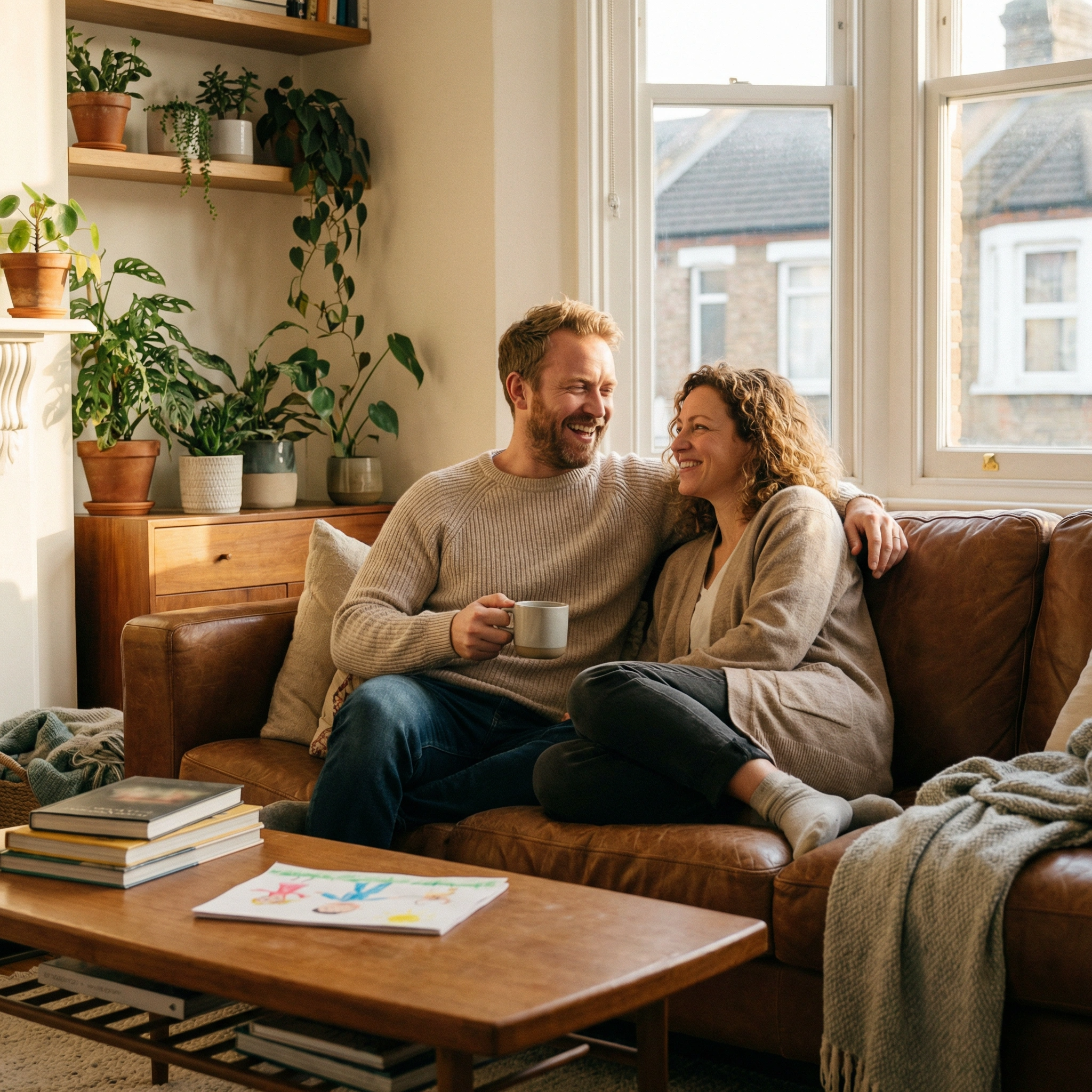 A father spending quality time with her wife at home, showing how men’s group lessons improve family life.