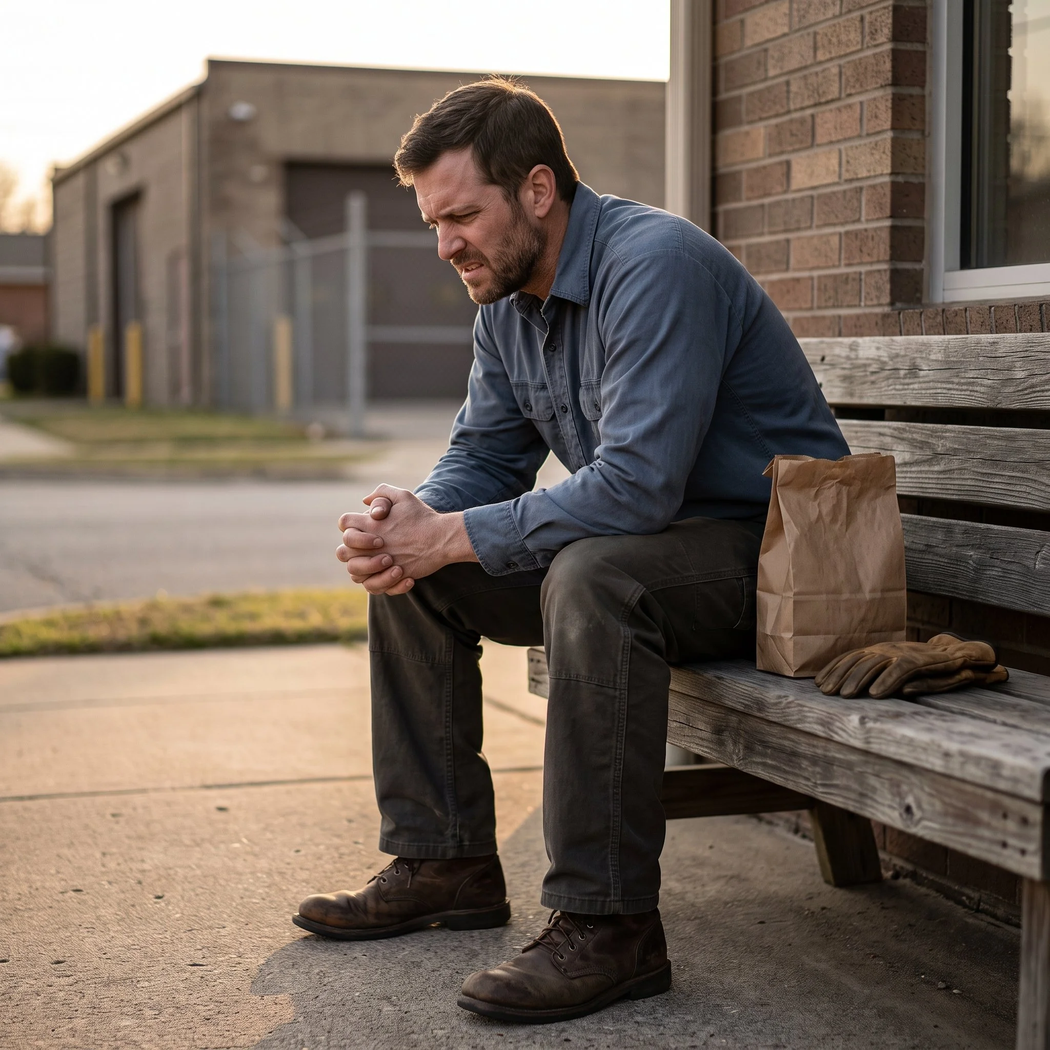 Working man sitting alone after a difficult day as depression and social pressure appear through anger and tension.