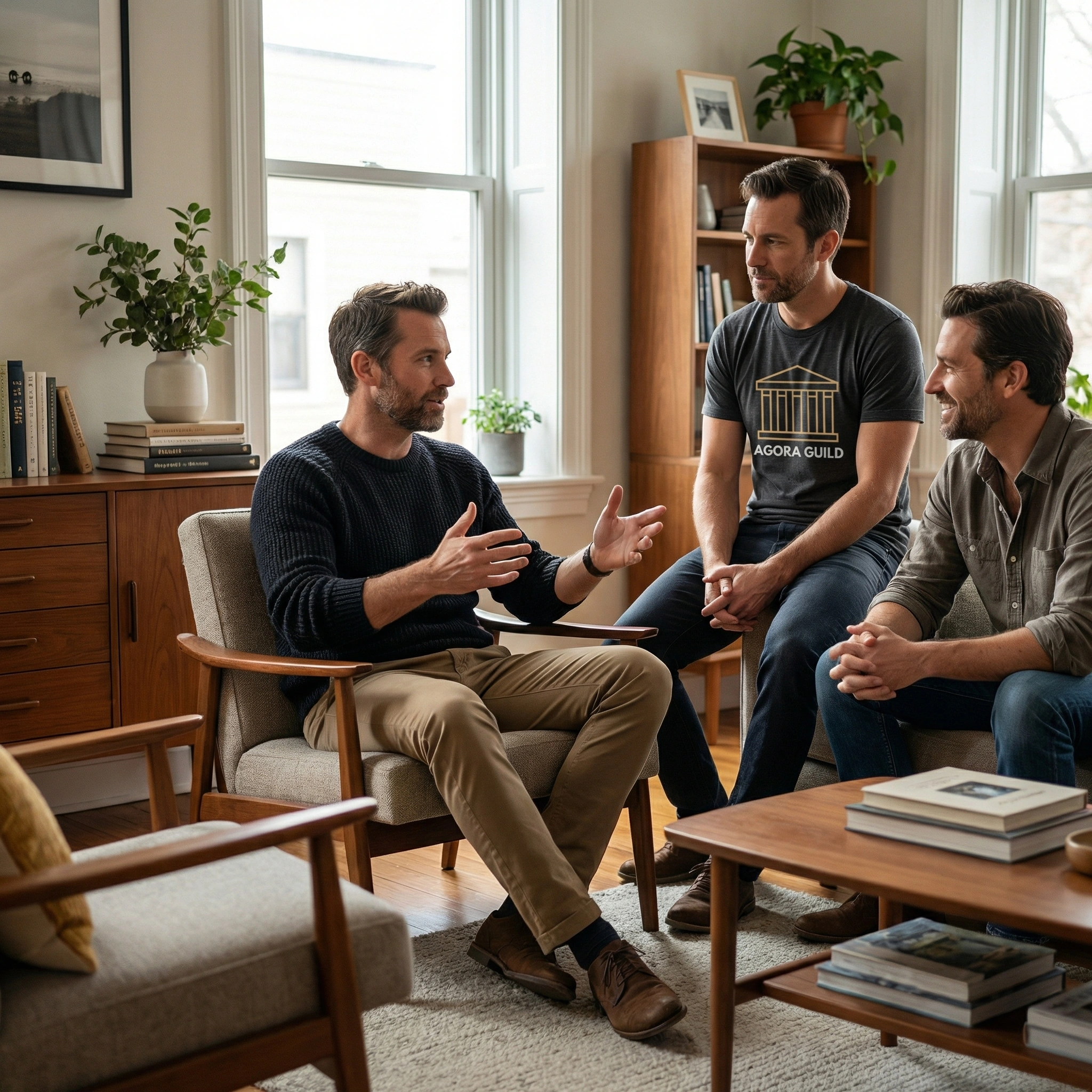 Professional men in a real-life brotherhood conversation about holistic growth and accountability