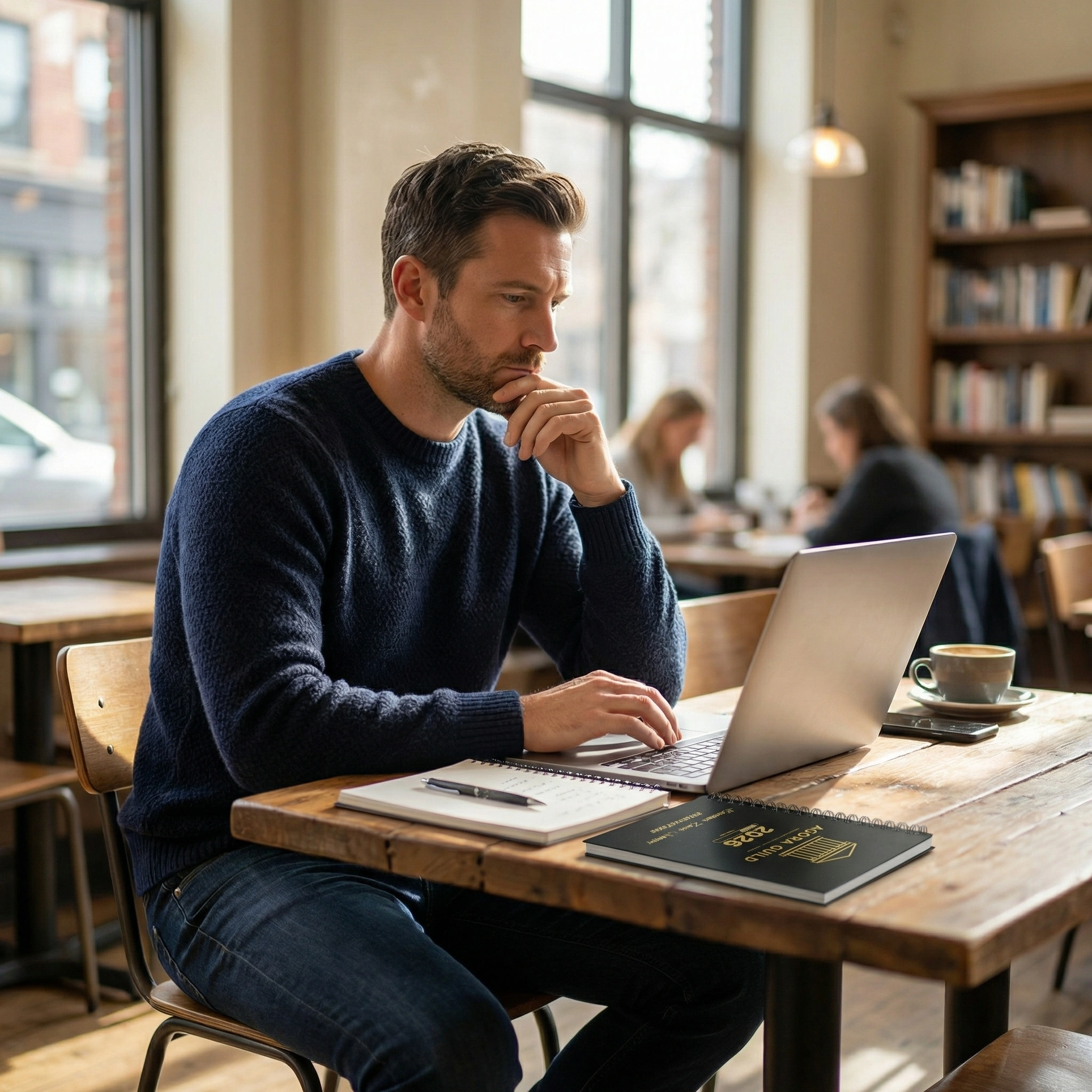 Professional man reviewing notes in a café while comparing the best men’s communities for personal development