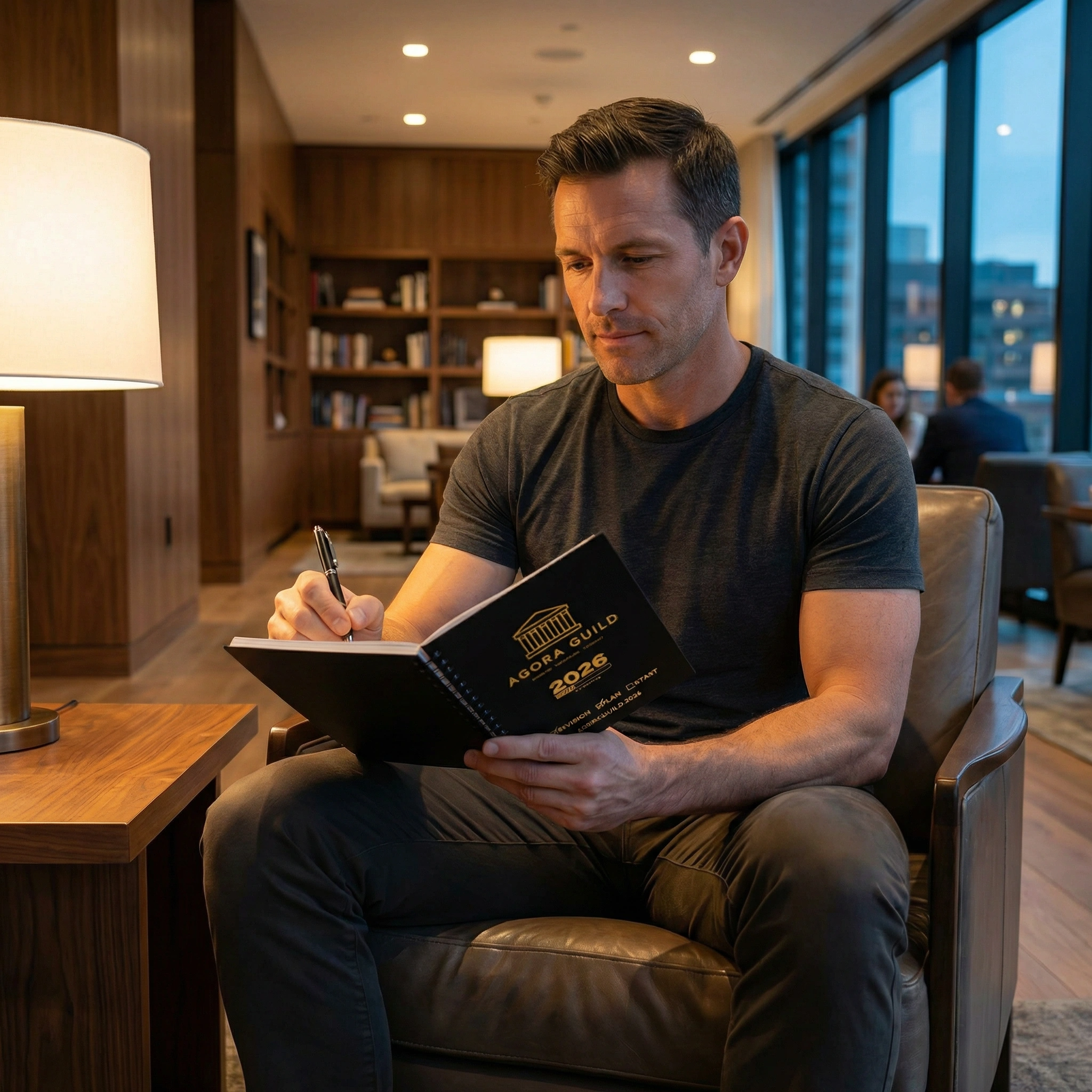 Man checking goals in a structured Agora Guild's self-improvement playbook before a men’s accountability session