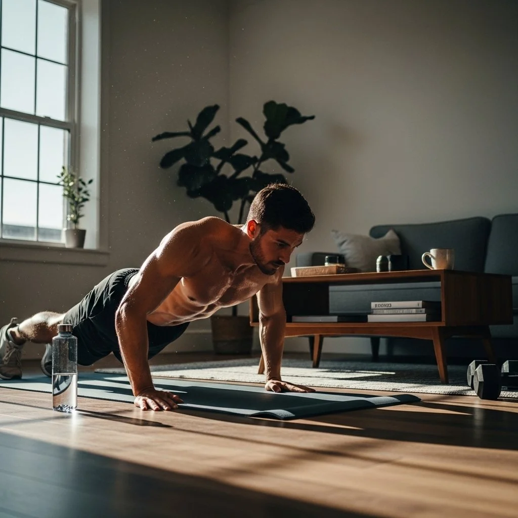 Man starting a 100-day reset for men with journaling, fitness gear, and a disciplined morning routine at home