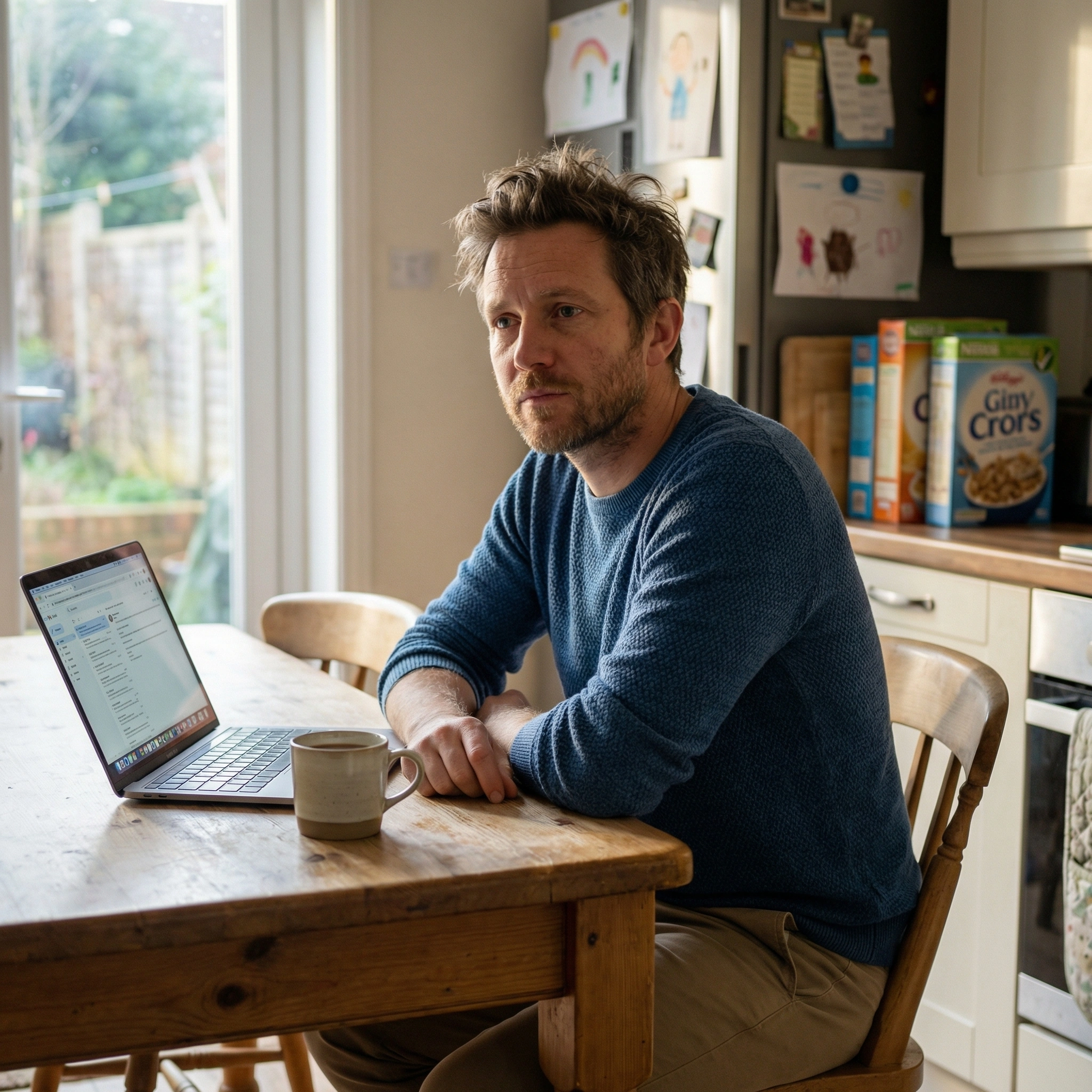 Man reflecting at kitchen table before work in a daily life scene about men's holistic growth