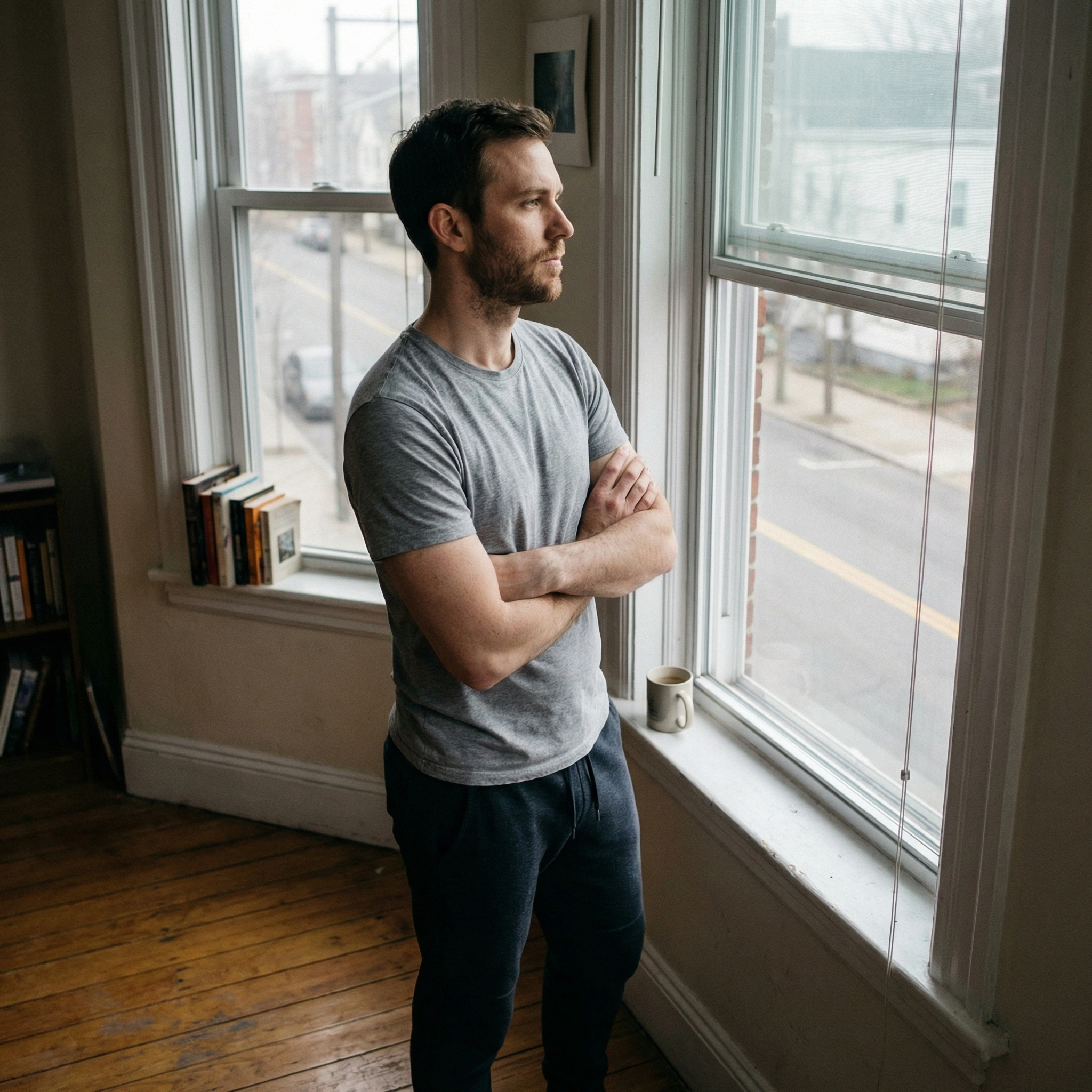 Man standing by window reflecting on starting a 100-day challenge for self-improvement and life transformation
