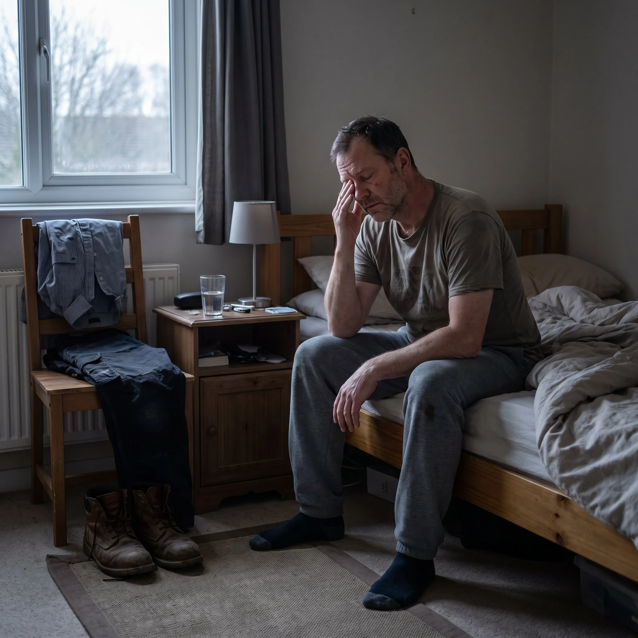 Exhausted working man rubbing his temples as physical and behavioral signs of male depression affect daily life.