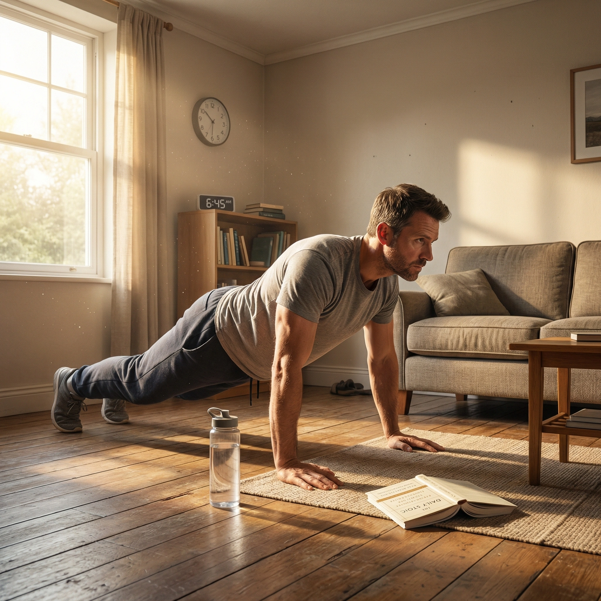 Man doing push-ups at home as part of daily fitness routine in a 100-day self-improvement challenge