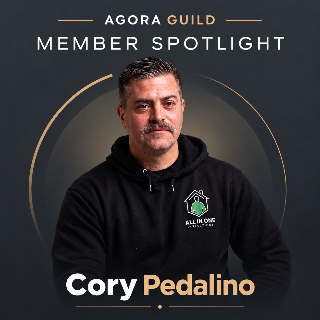 Cory Pedalino featured in Agora Guild's Member Spotlight, wearing a black All In One Inspections hoodie against a charcoal and gold branded background.