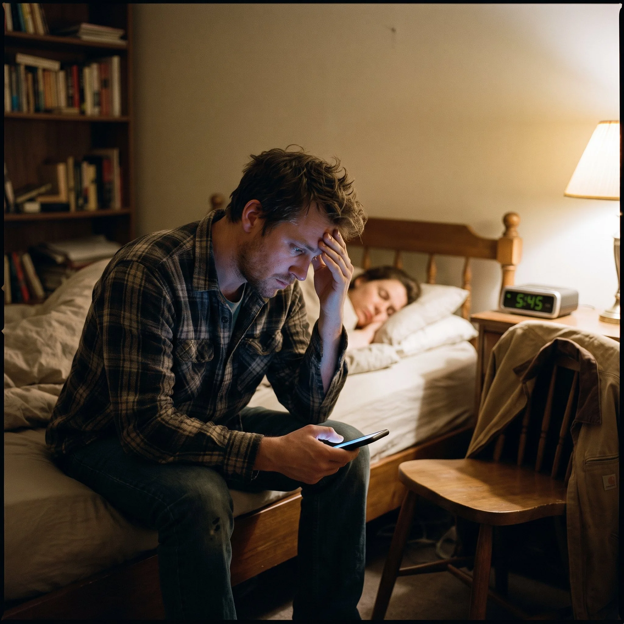 Isolated man struggling with compulsive sports betting while secretly checking his phone at night
