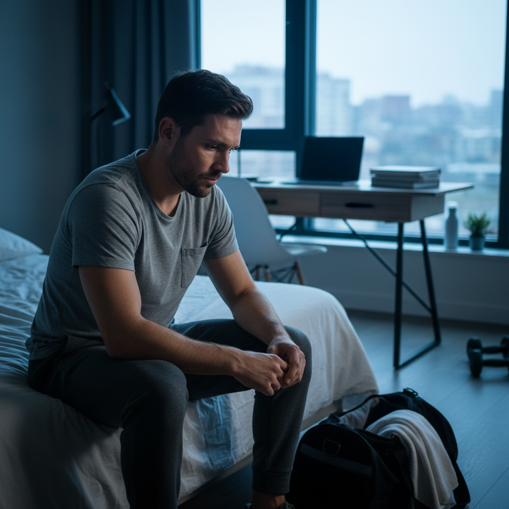 Stressed man sitting alone on the edge of his bed
