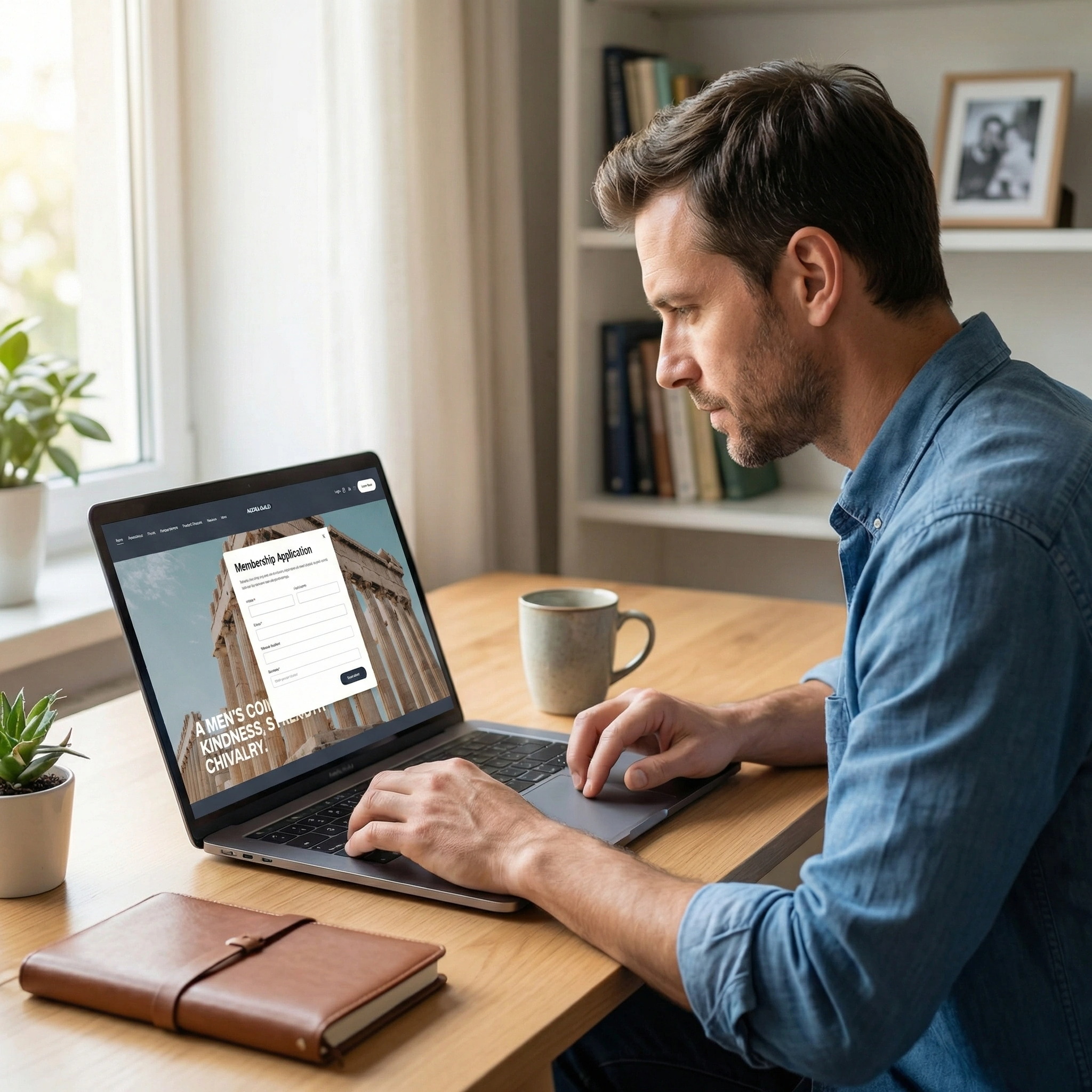 Man applying for Agora Guild membership on a laptop at home, representing a men’s community focused on brotherhood, personal growth, and a transformative journey.