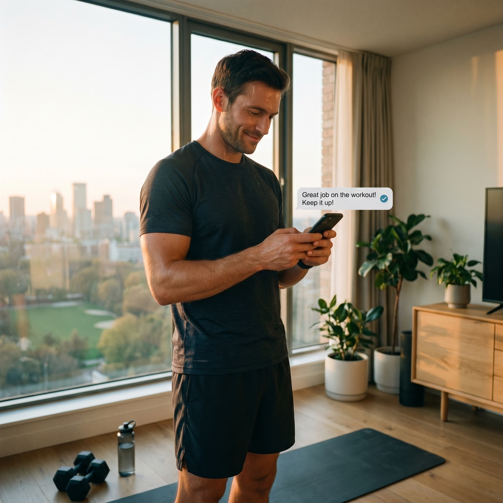 Man checking morning workout accountability messages on his phone after training at sunrise in a realistic lifestyle scene