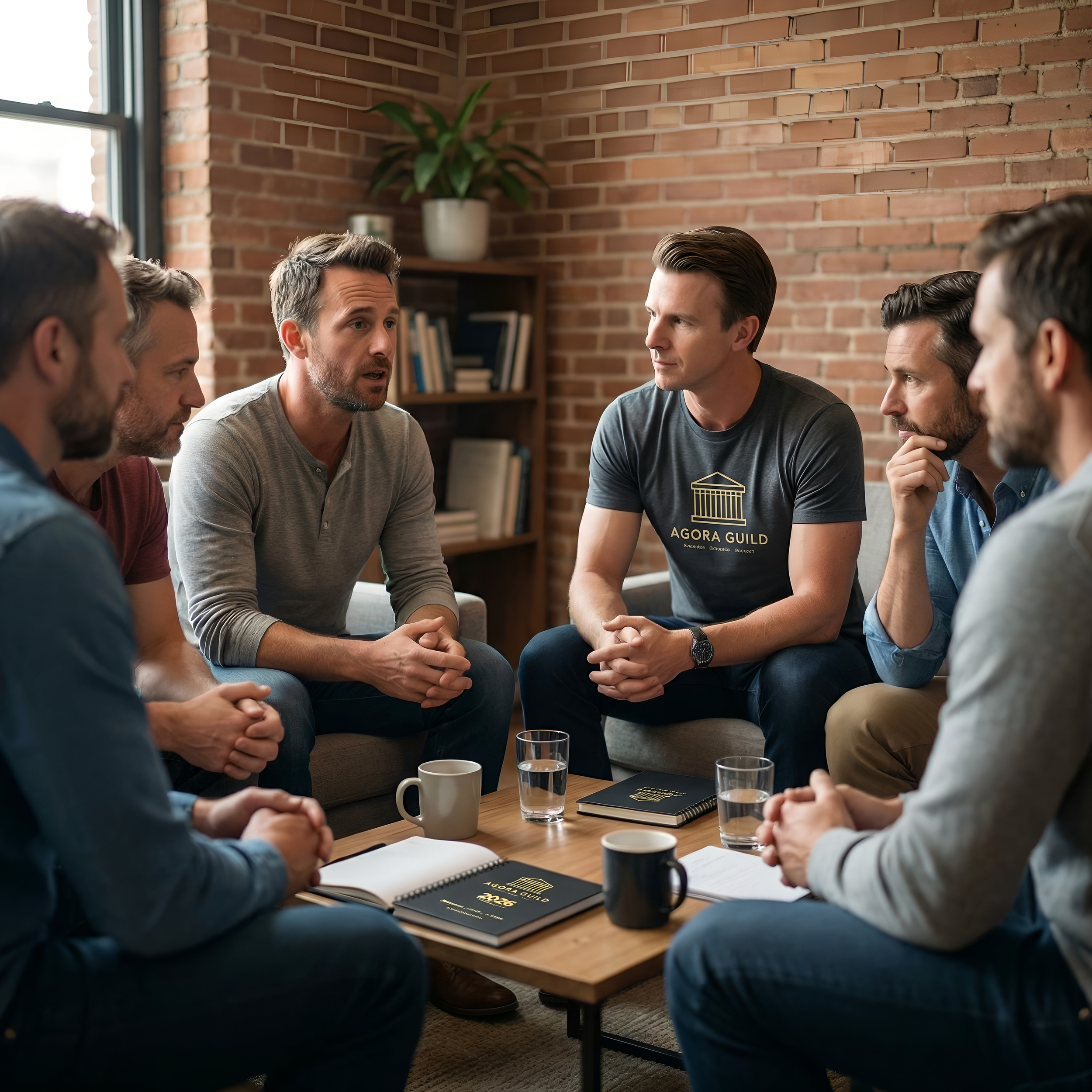 Agora Guild host leading a small men’s mastermind session in a café with members discussing goals, support, and accountability