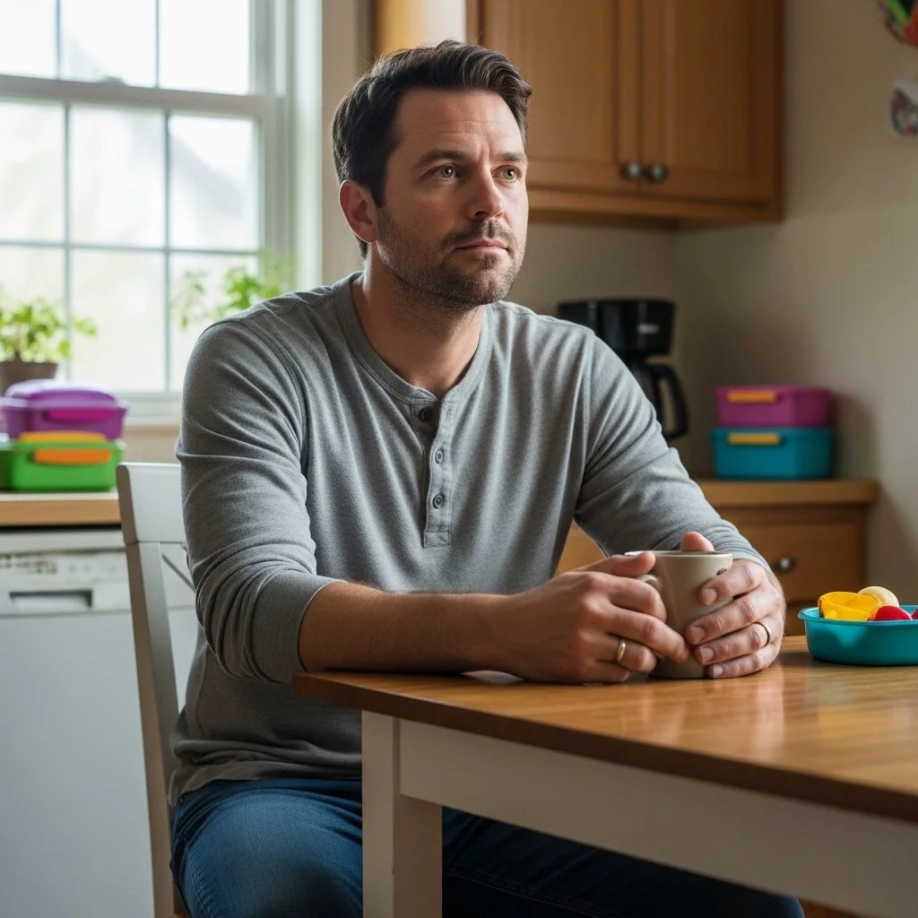 Exhausted husband sitting on the edge of the bed at night showing signs of leadership burnout