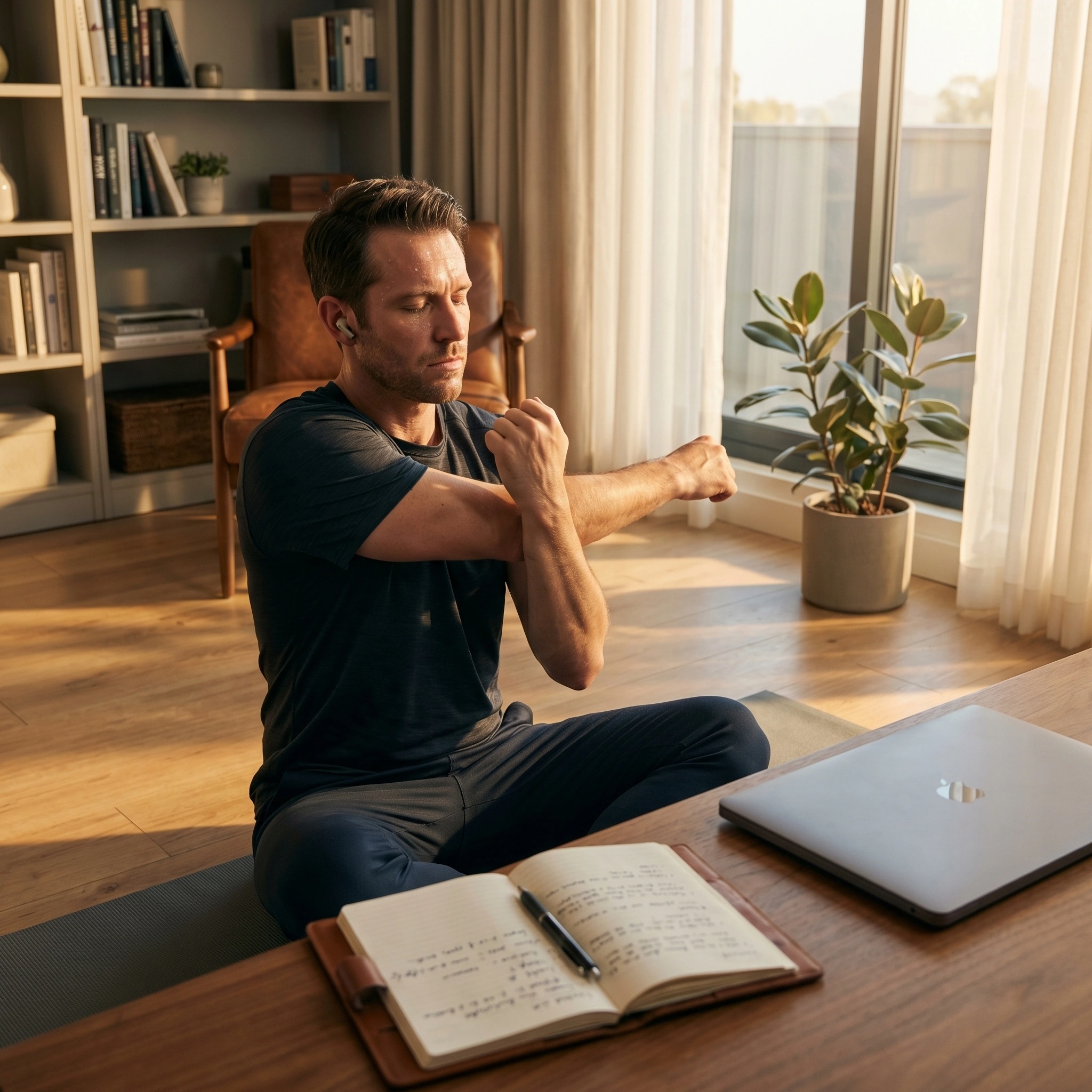 Man combining morning exercise with gratitude journaling and podcast learning in a realistic habit stacking routine