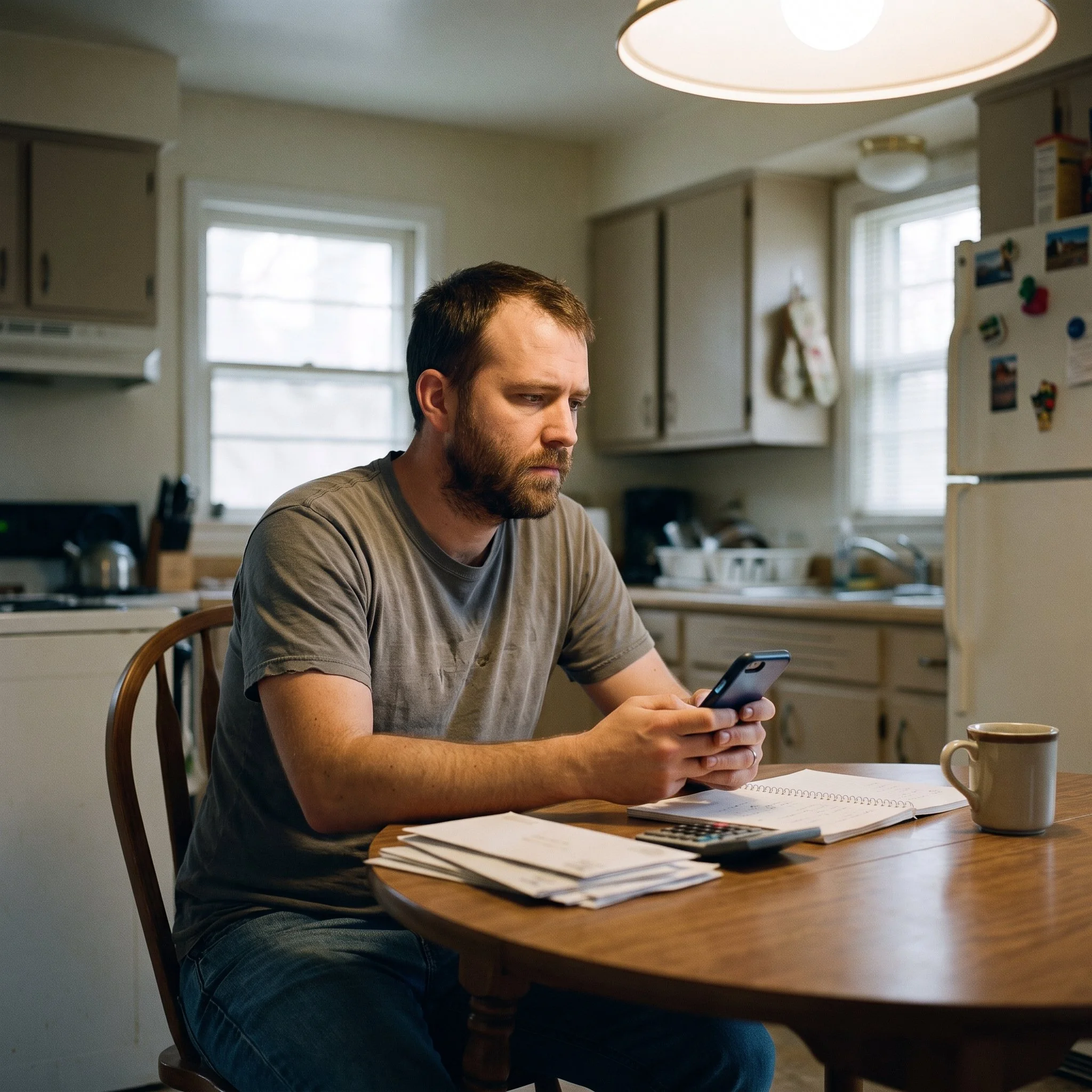 Everyday man recognizing the financial trap of sports betting while reviewing household bills at home