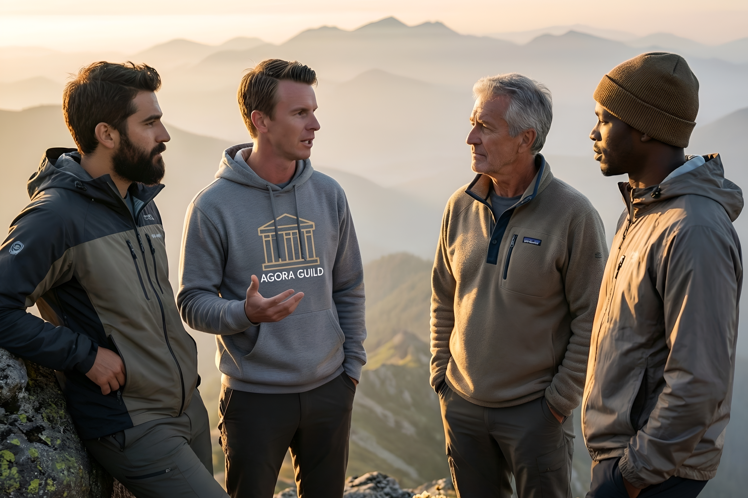 Men discussing goals in a supportive setting, choosing the Agora Guild's men's group for strategic growth and personal development.